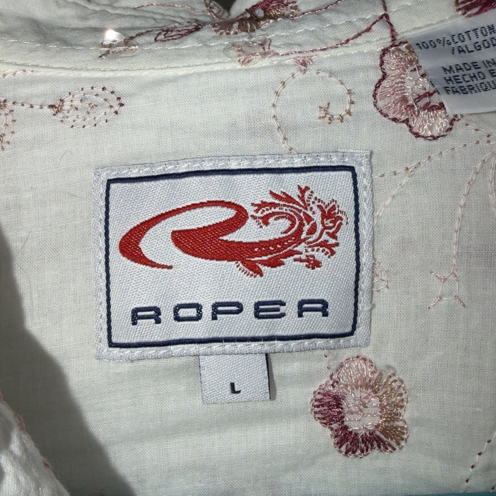 Roper Western Pearl Snap Button Up Floral Sequined Shirt Coastal Cowgirl Sz L