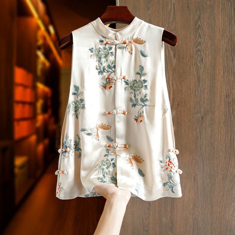Hot Womens Elegant Summer Tops Sleeveless Chinese Vest Printed Waistcoat Party