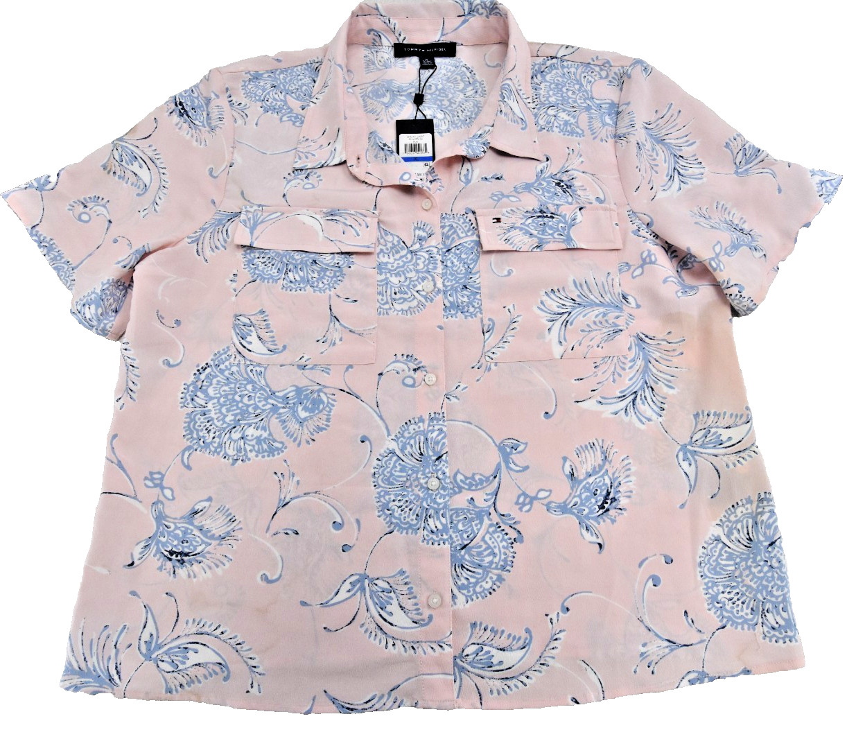 Tommy Hilfiger Womens XL Pink Blue Floral Short Sleeve Button Top Shirt As Is