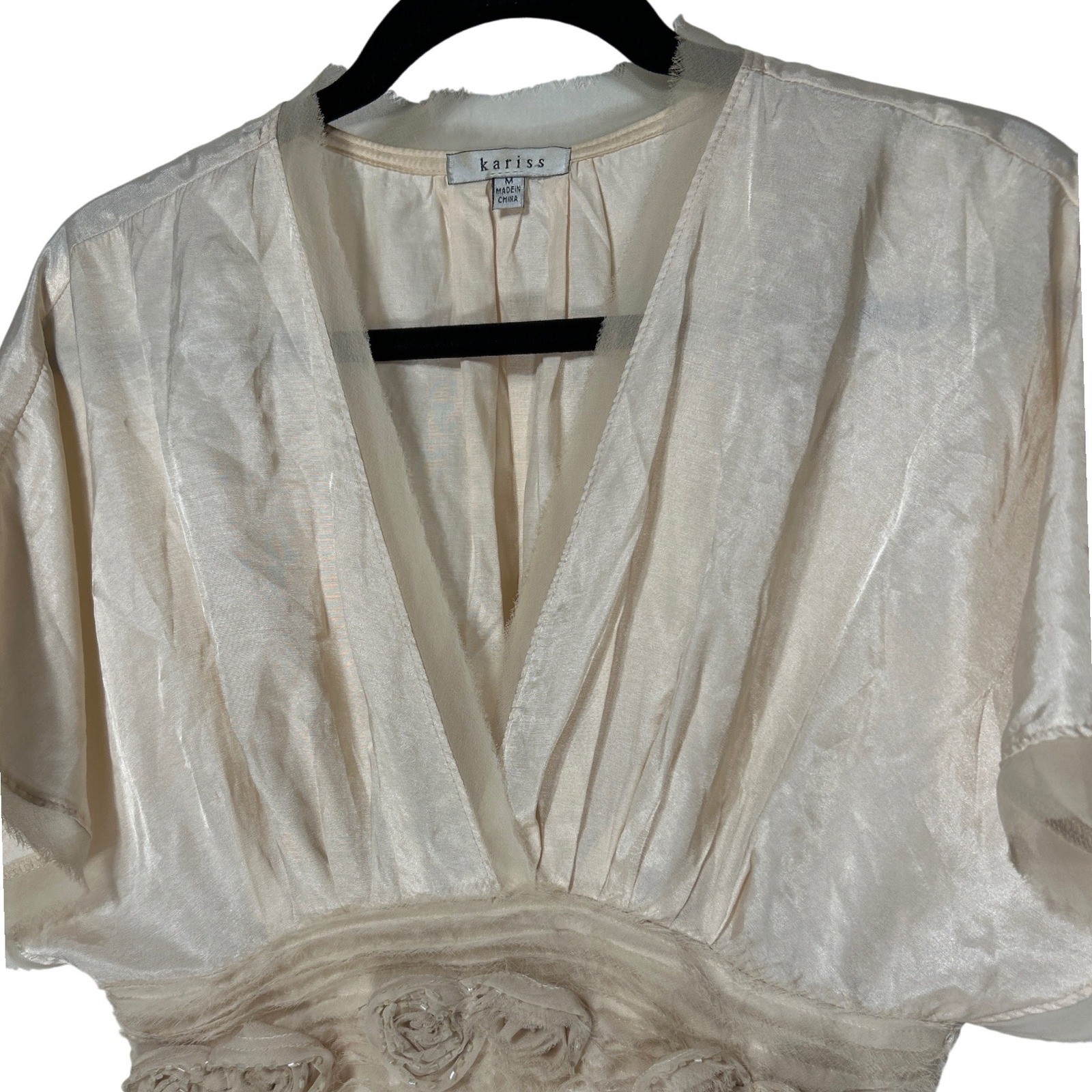 Kariss Champagne Satin V-Neck Rosette Empire Waist Peplum Blouse Size Medium