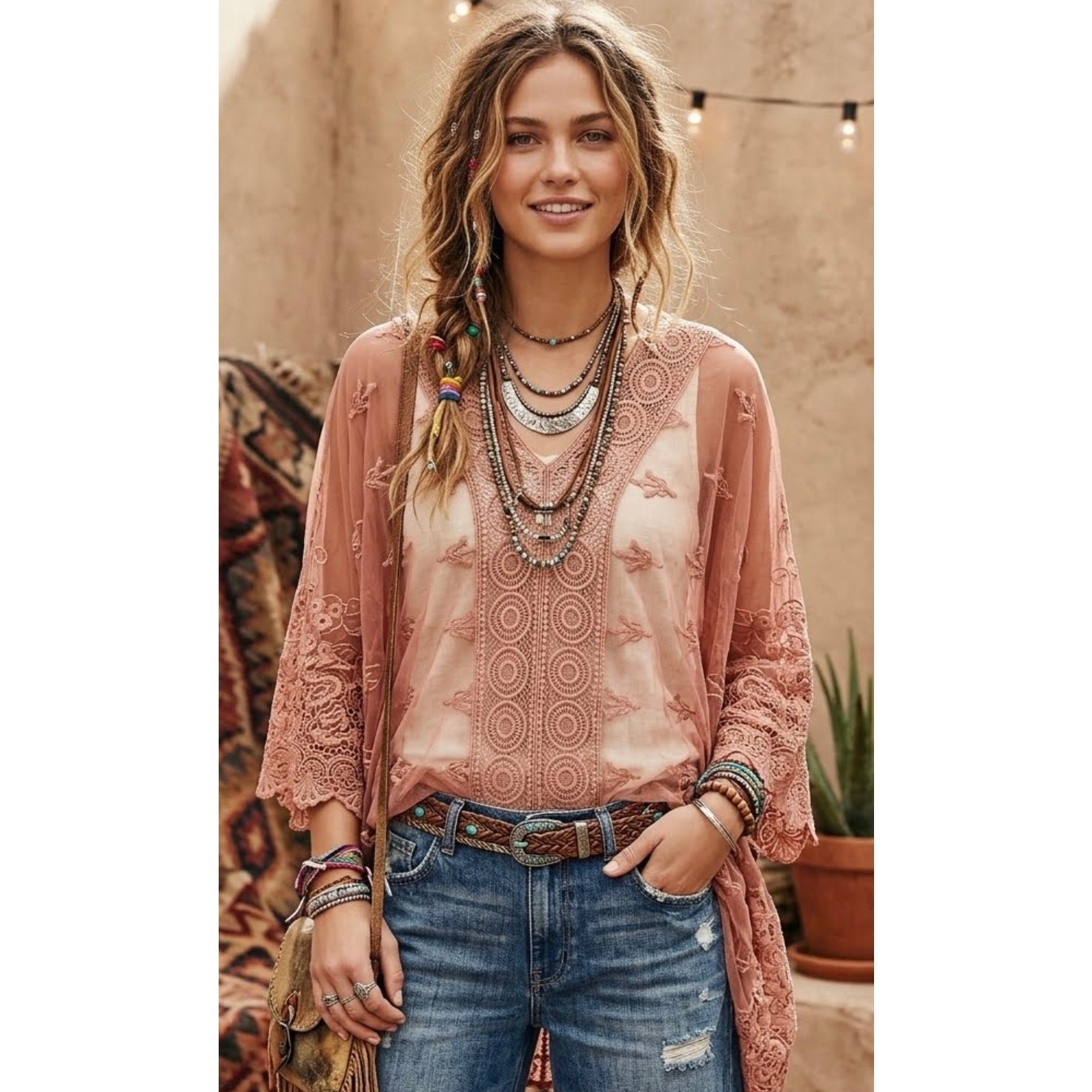 Vintage Free People Susie Sheer Lace Poncho OS Dusty Rose V-Neck Batwing