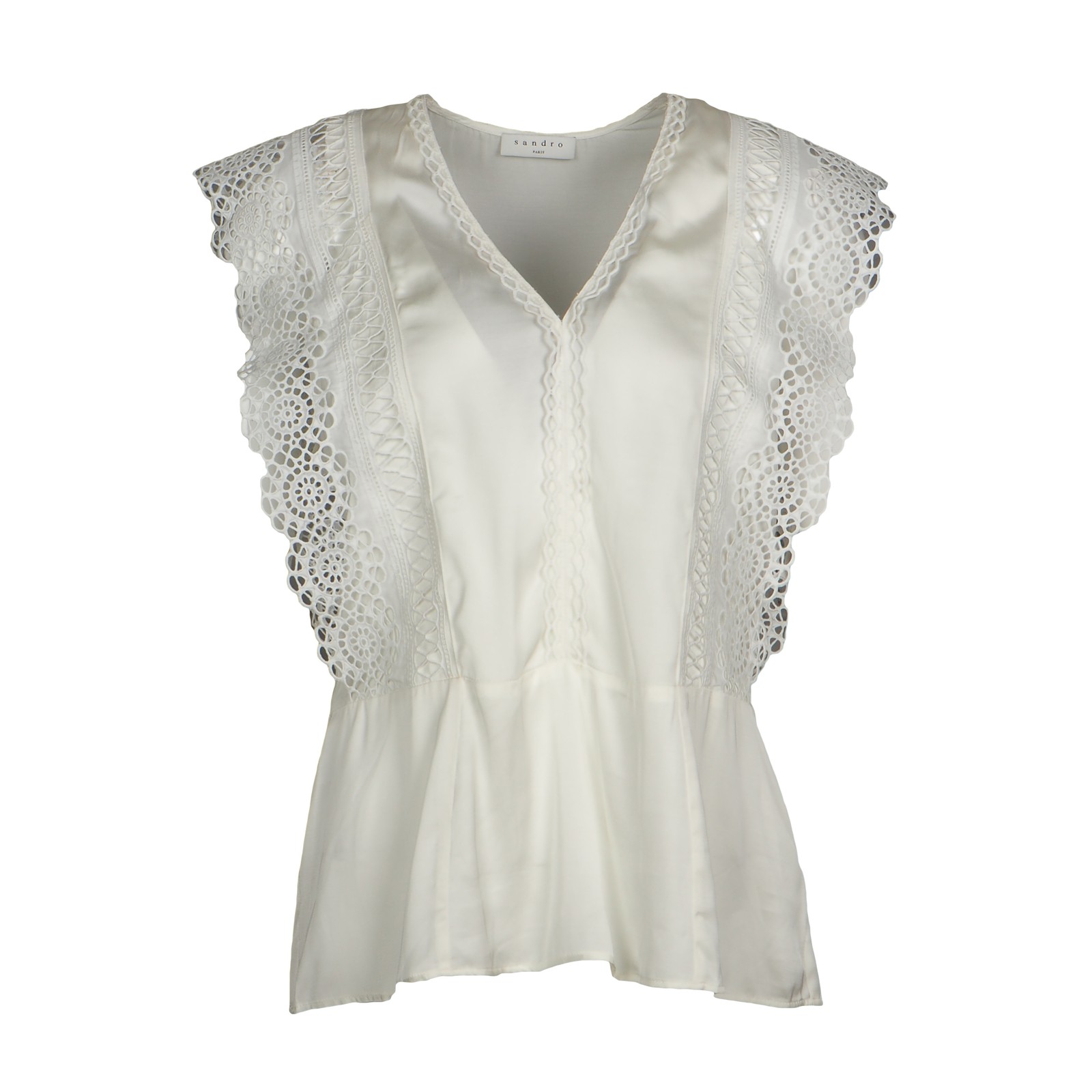 Sandro Paris Blouse Ecru Embroidered Sleeveless V Neck Size 0 34 XS Boho