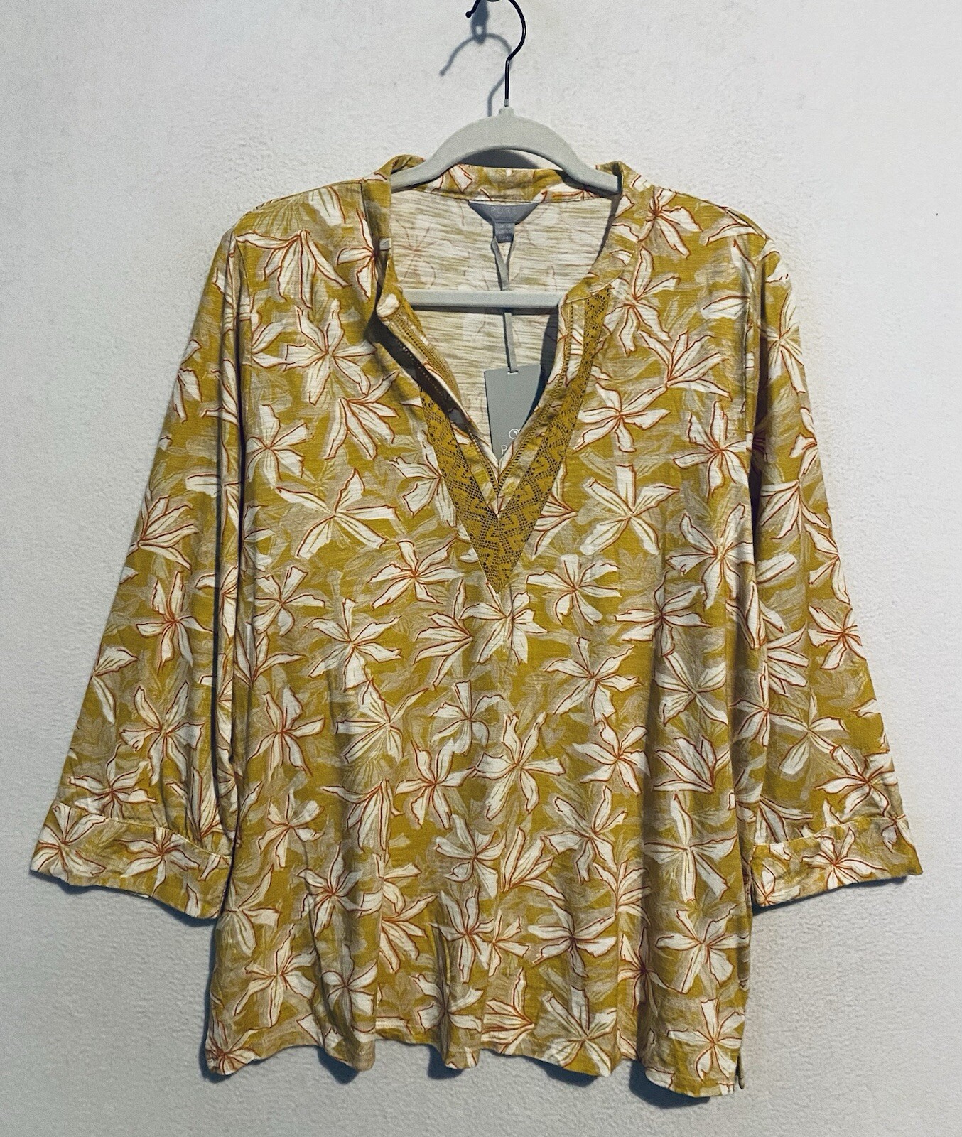 Pure Collection Top Womens 14 Yellow Tropical Floral Lace Trim Slub Knit Boho