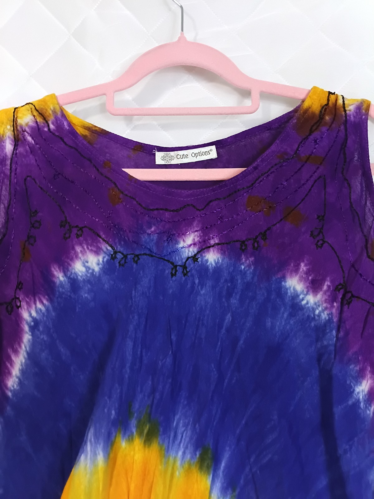 Cute Options Women’s Tie Dye Tunic Top Purple Orange Embroidered Sleeveless Boho