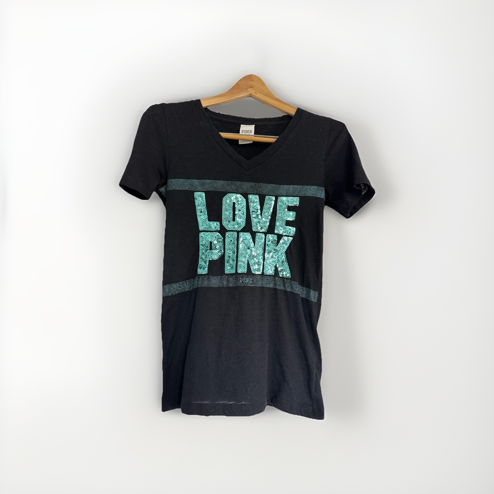 Victoria’s Secret Pink Shirt Women Small Sequin Black Blue Bling Tee Sparkle Top