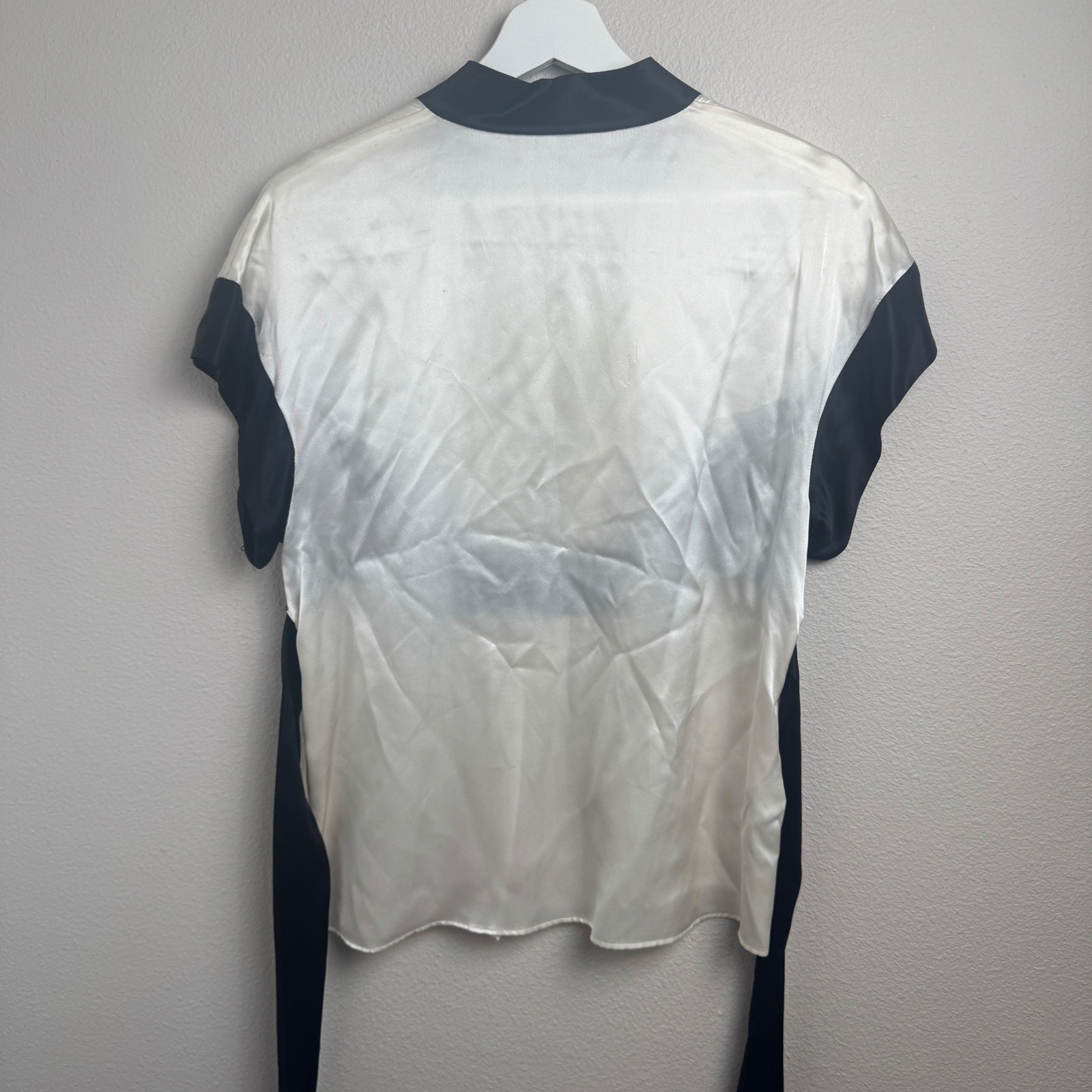 BCBGMAXAZRIA Silk Beaded Waist Formal Blouse SM Regular Cream Black Embellished