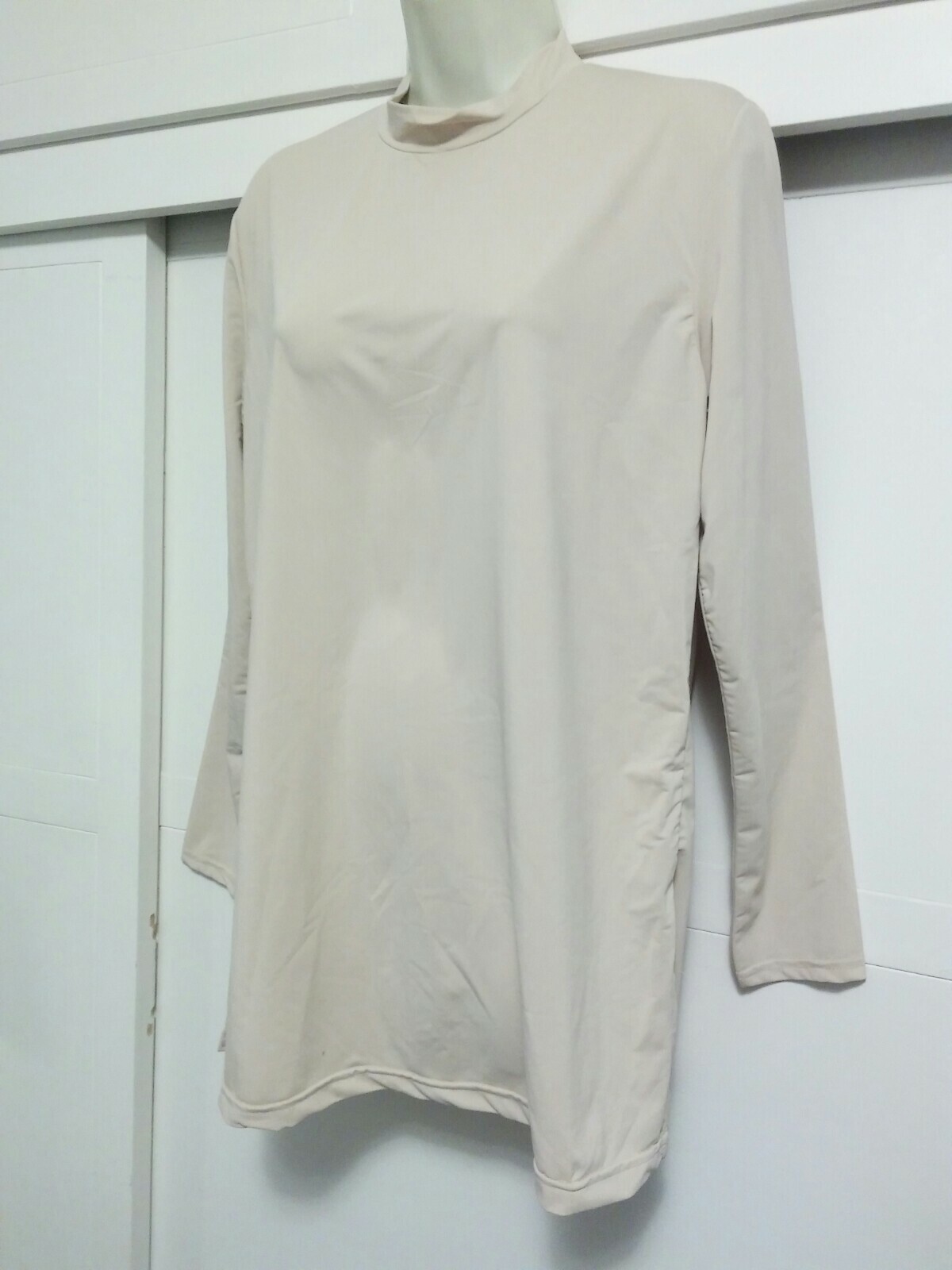 Basic Long Sleeve Solid Top Womens Plain Biege T-Shirt Stretch Size L Crew Neck