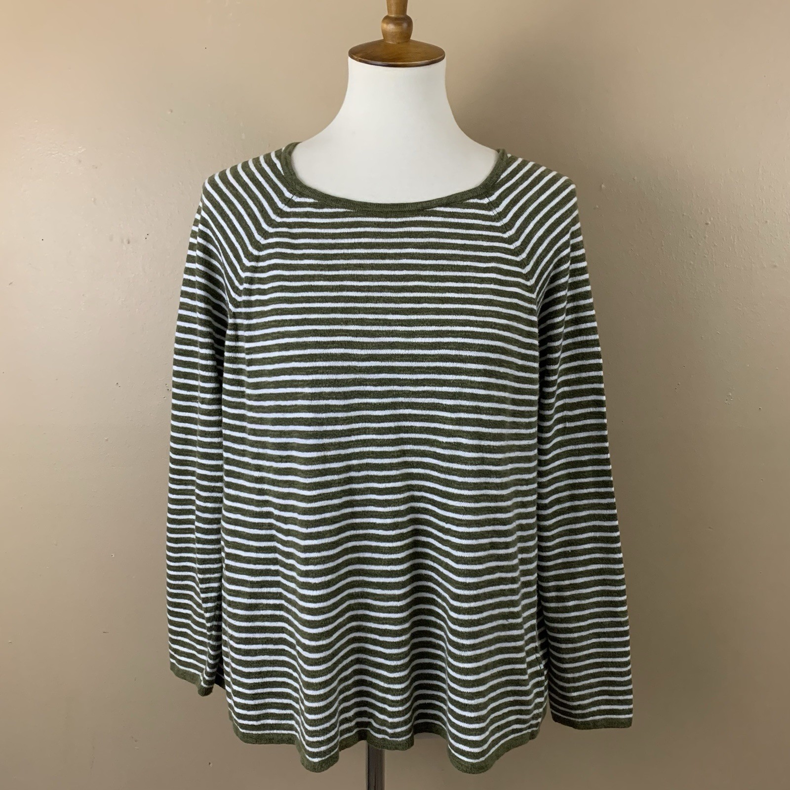 Eileen Fisher Top Womens XL Green Stripe Organic Linen Cotton Casual Long Sleeve