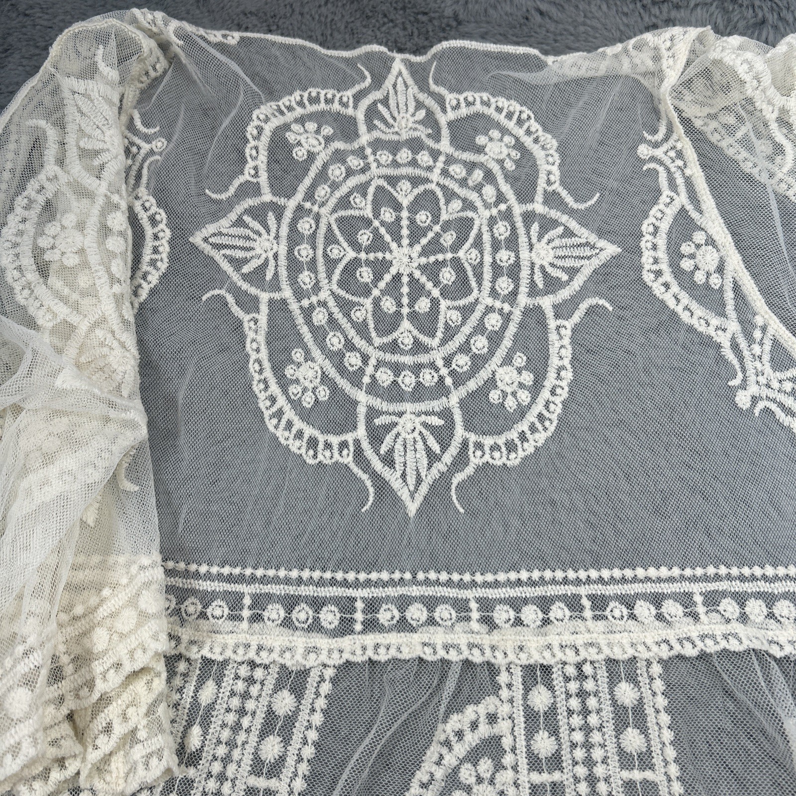 Sheer Ivory Lace Duster Tie Front Long Kimono Womens XL Goddess Romantic Boho