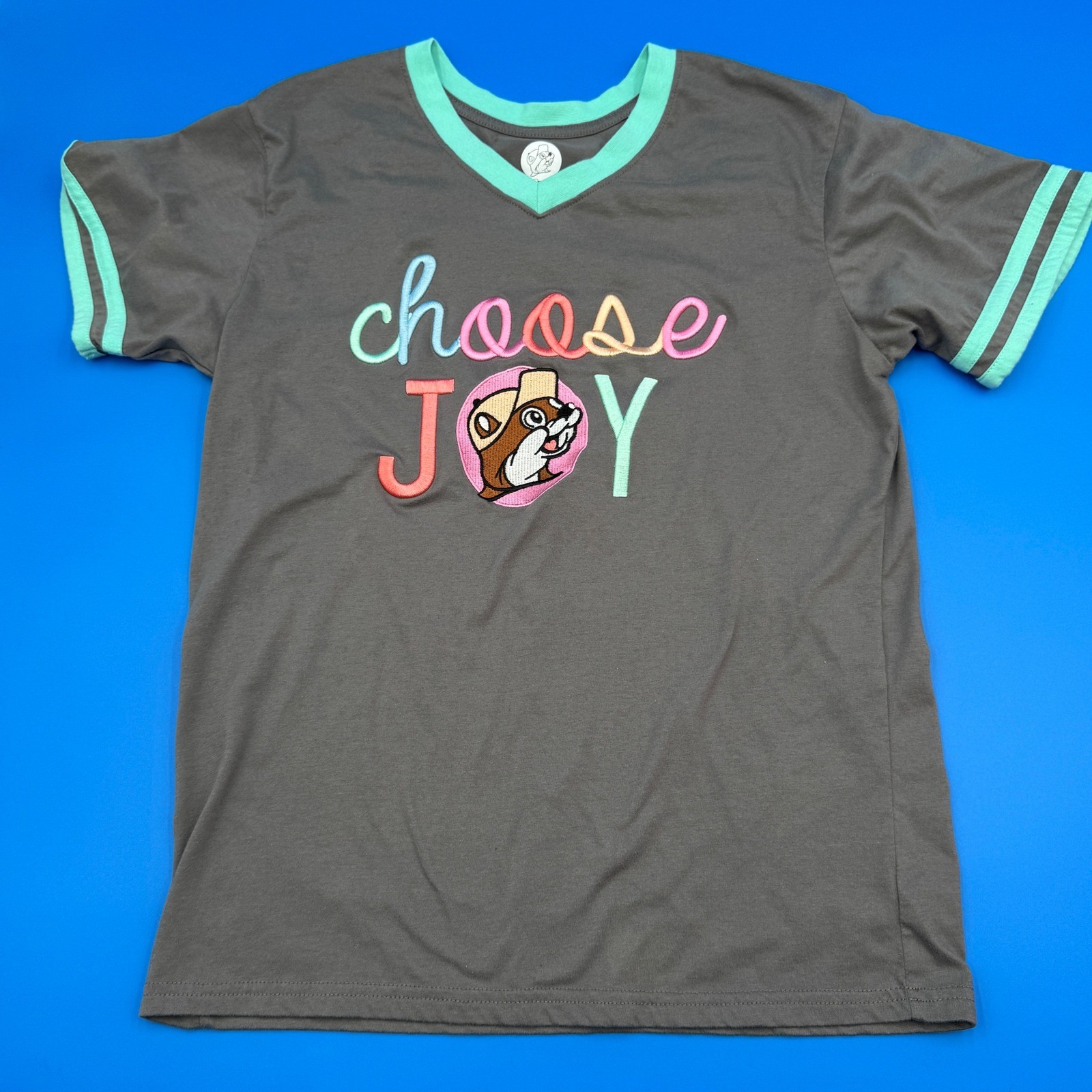 Buc-ee’s Choose Joy Gray T-Shirt V-Neck Short Sleeve Women’s Small
