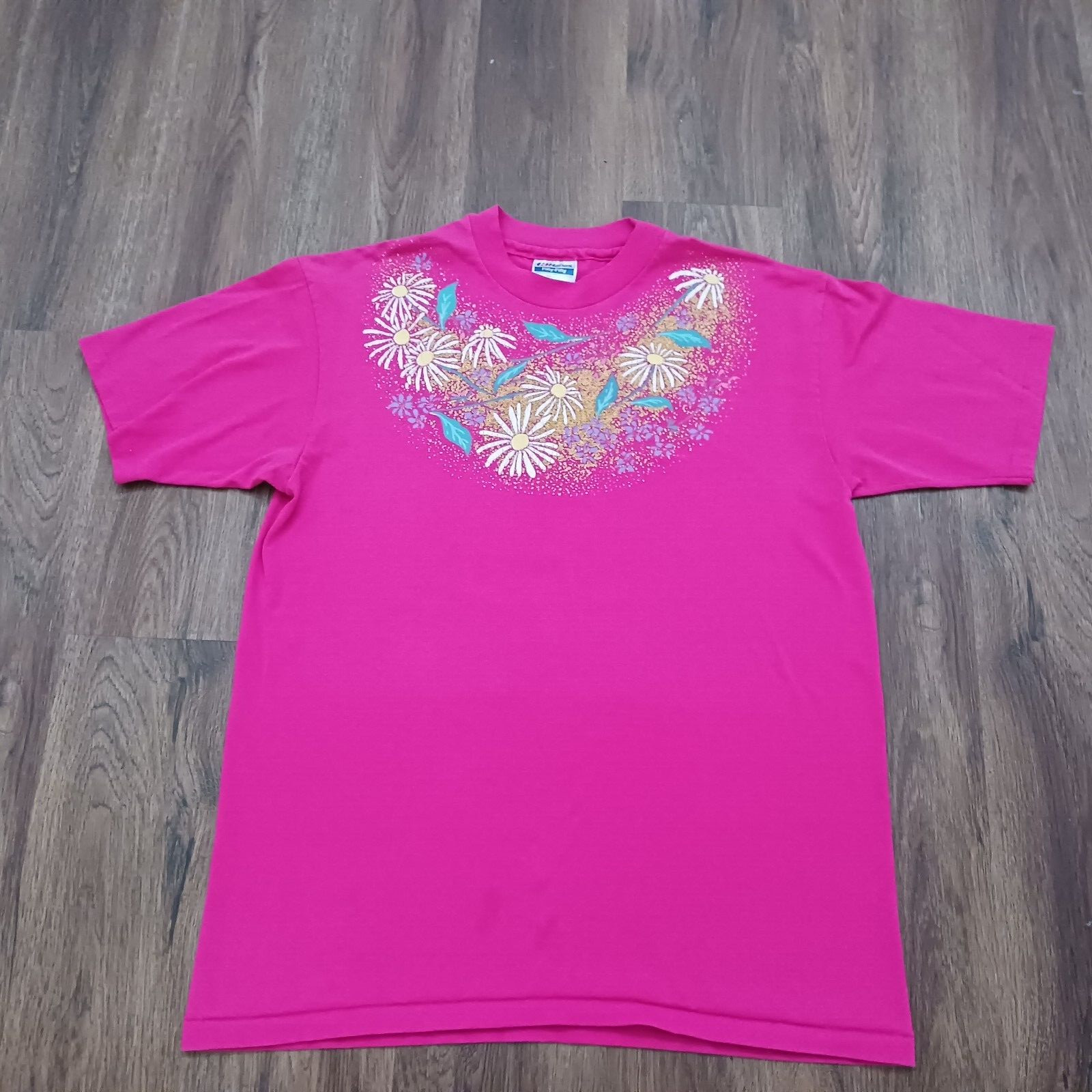 Vintage Daisy Floral Pink T-Shirt Hanes Size Large Single Stitch 50/50 USA