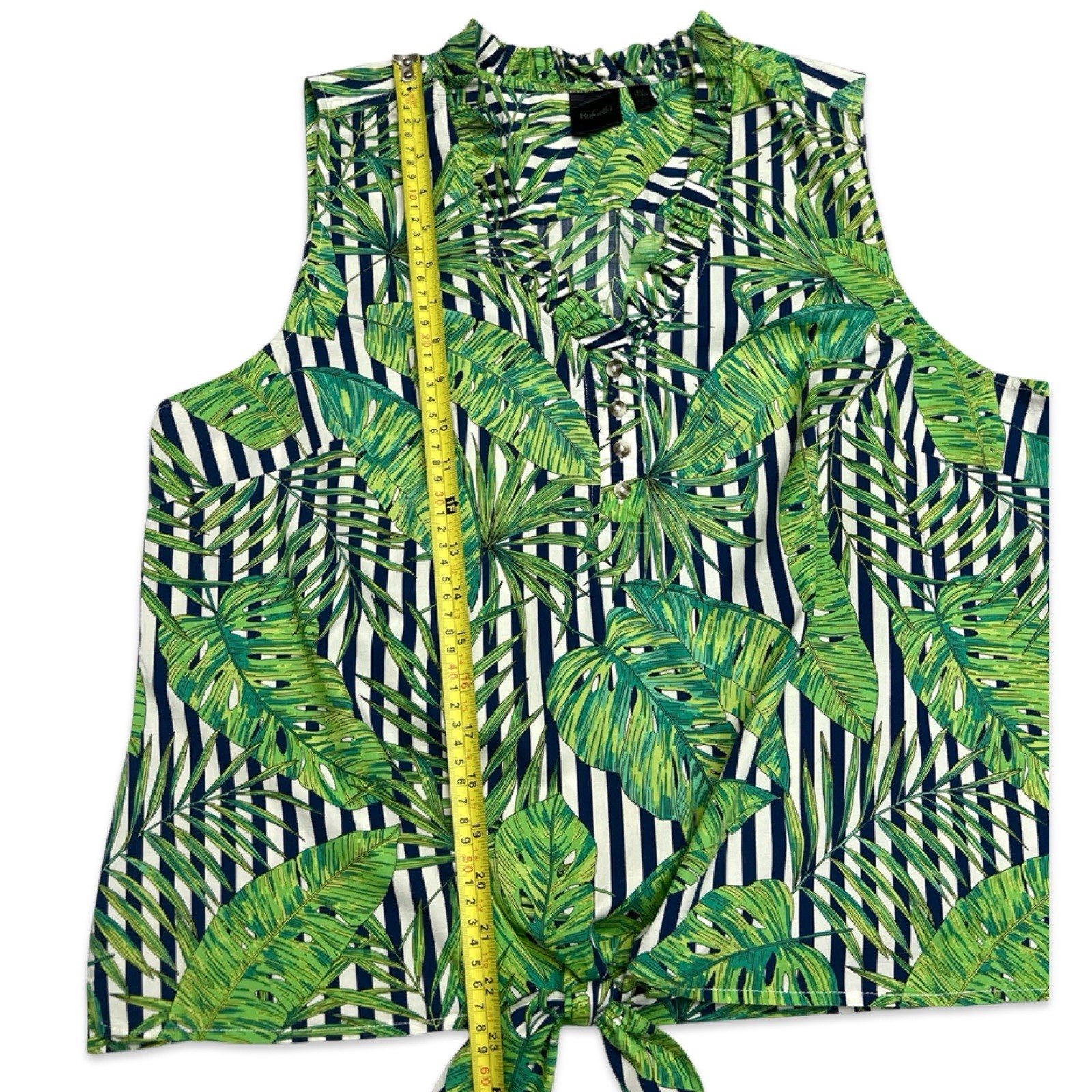 Rafaella Tropical Palm & Stripe Tie-Front Sleeveless Blouse