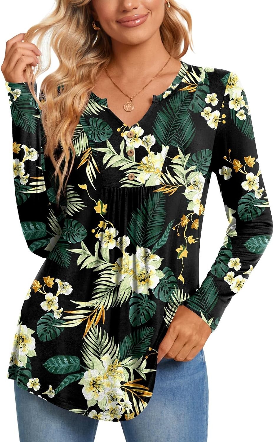 Womens Long Sleeve Tops Henley Shirt V-neck Down Blouse Casual Pleated Pullover