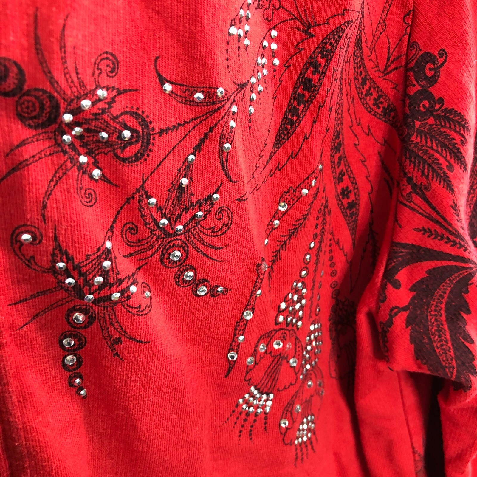 Jess & Jane Top Jacket Women Large Red Black Full Zip Rhinestone Zipper Floral