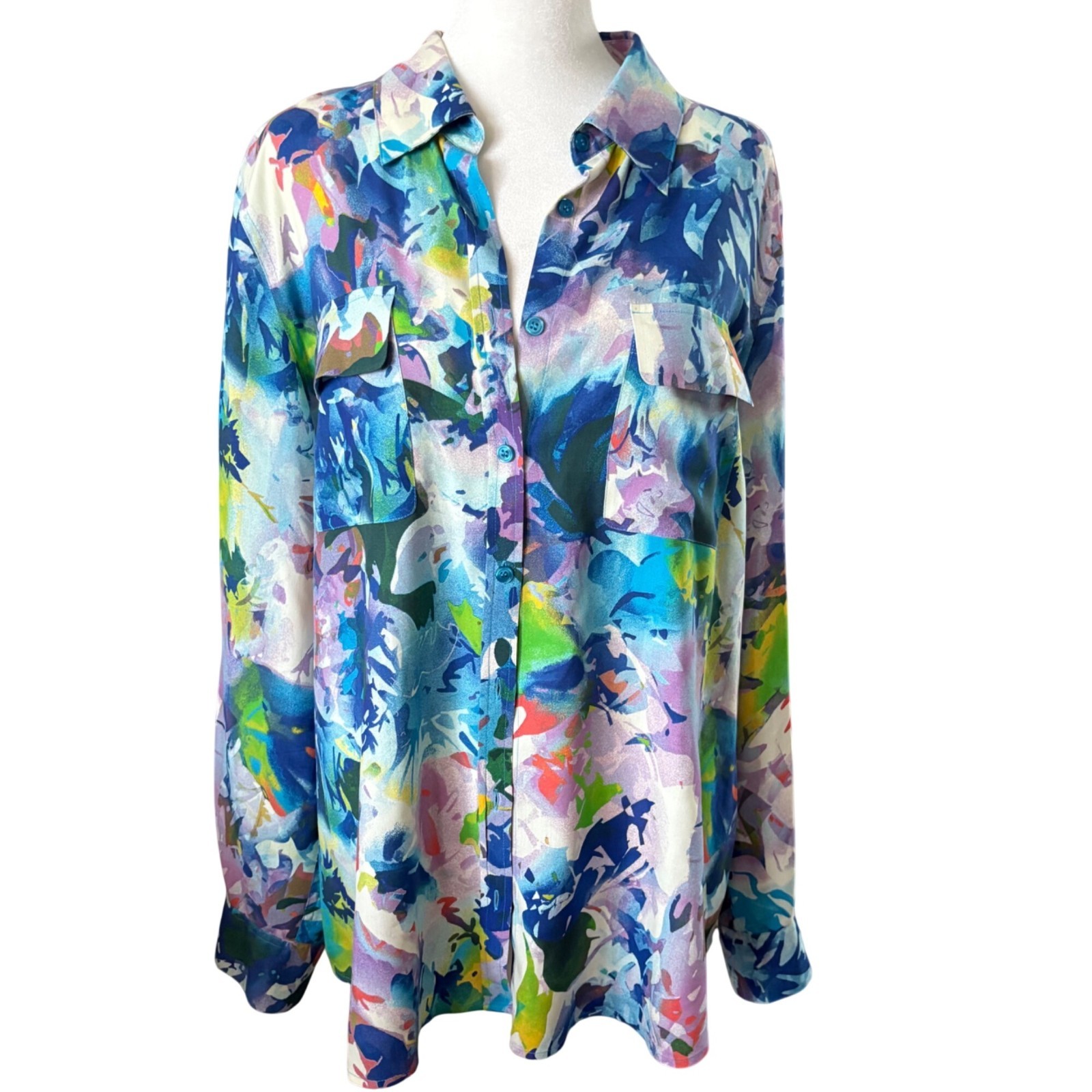 Go Silk 100% Watercolor Floral Button-Up Shirt Multicolor XL