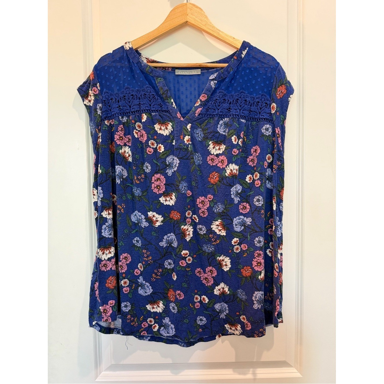 Daniel Rainn Blue Floral Lace Blouse Women’s V-Neck Cap Sleeve Stretch Top 1X