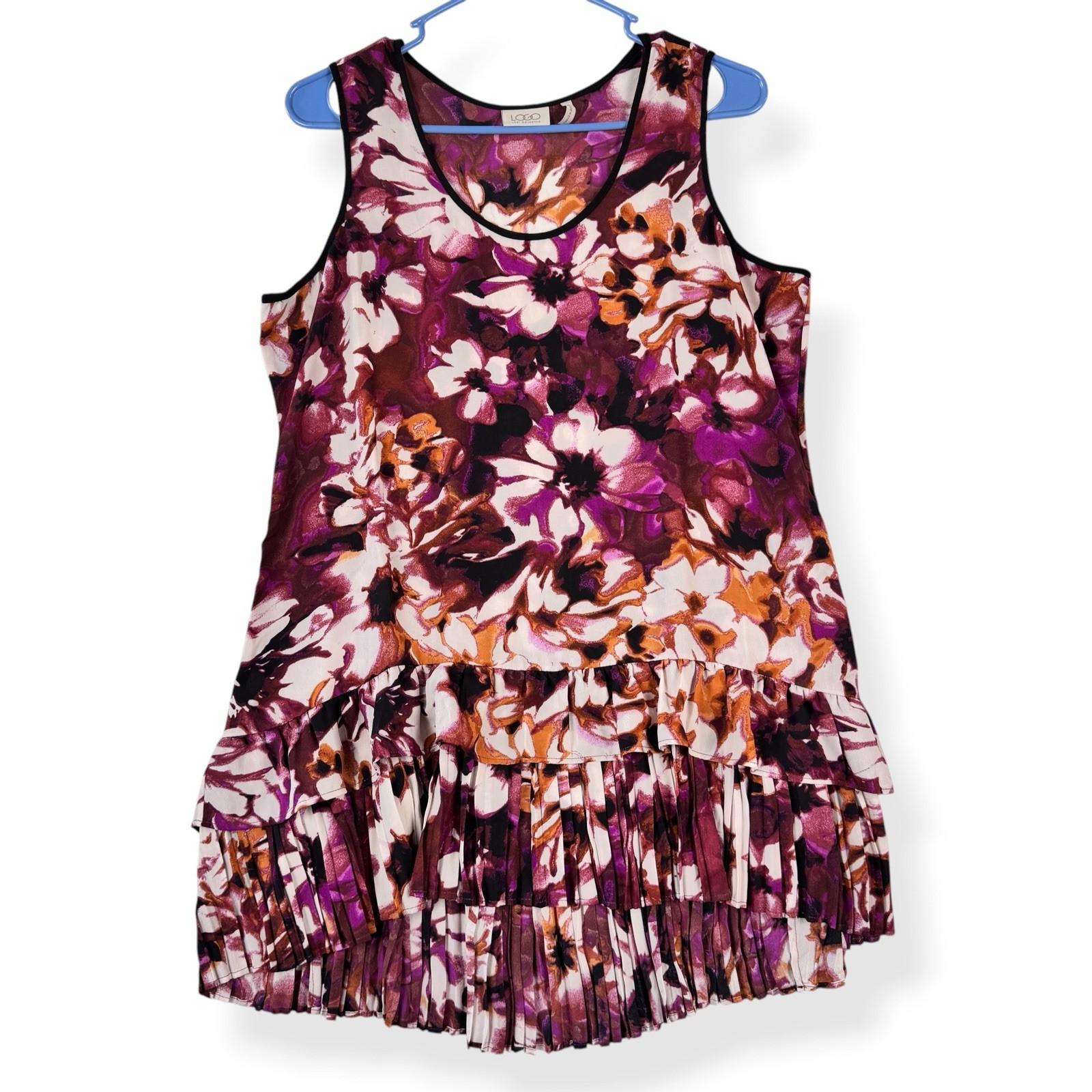 LOGO Lori Goldstein Sleeveless Top Womens 10 Ruffle Pleated Hem Multi Floral