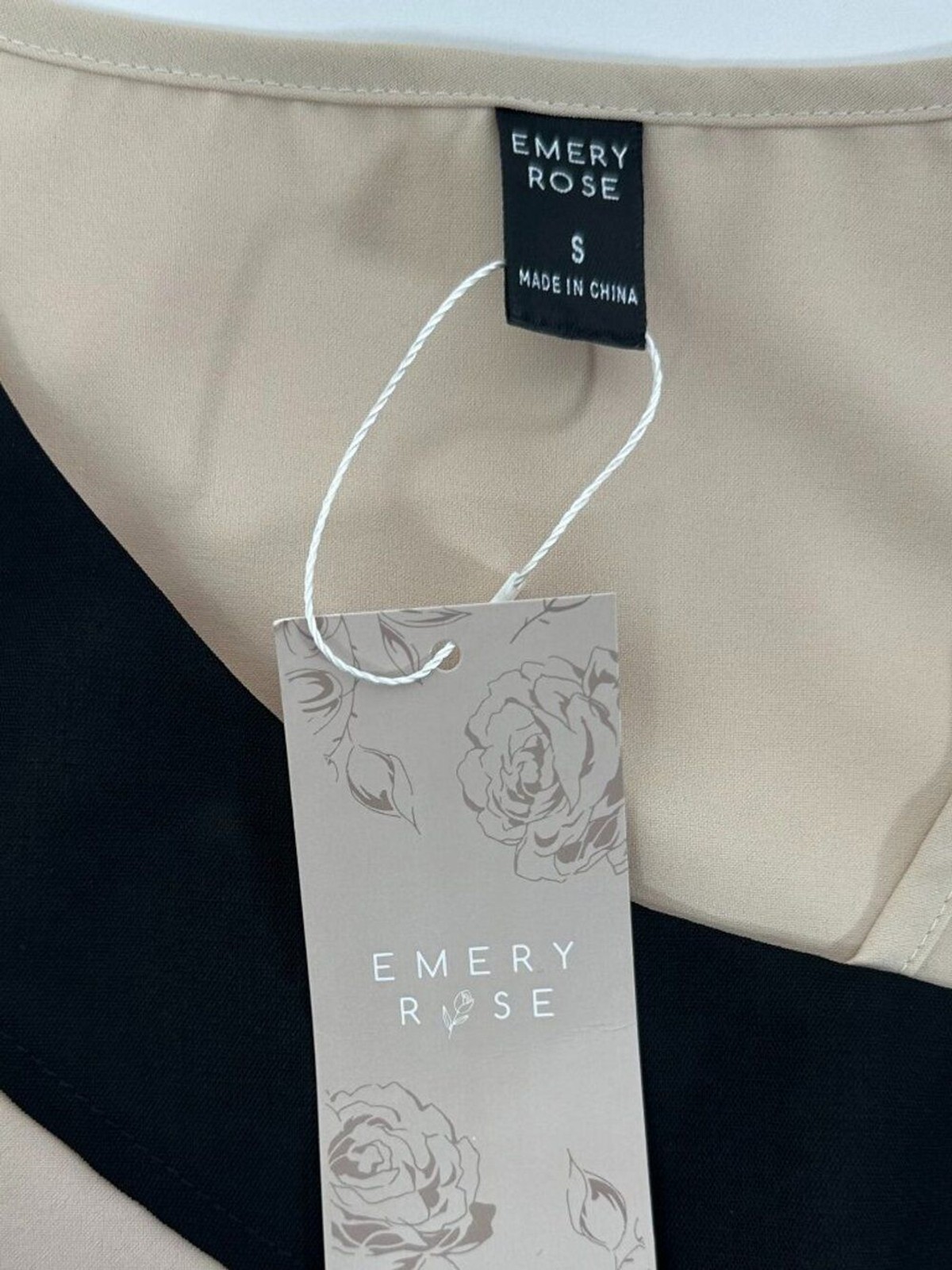 Emery Rose Beige Black Colorblock Top Puff Sleeve Blouse Women’s Size S
