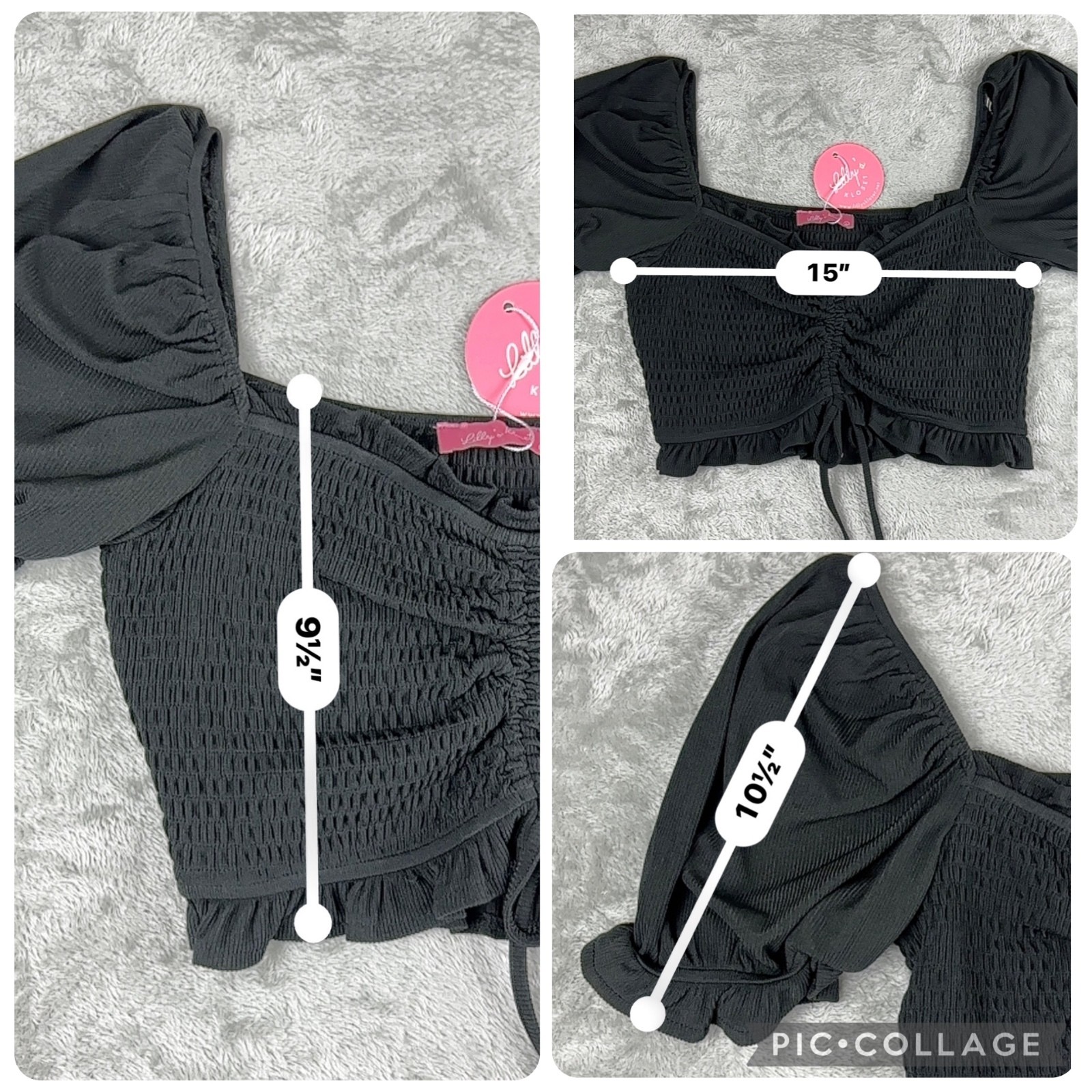Lill’y Kloset Black Smocked Puff Sleeve Crop Top Sweetheart Drawstring NWT