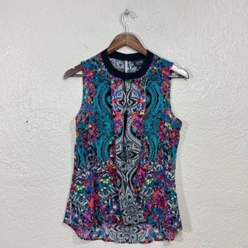 Nicole Miller Top Medium Multicolor Paisley Floral High Neck High Low Boho Chic