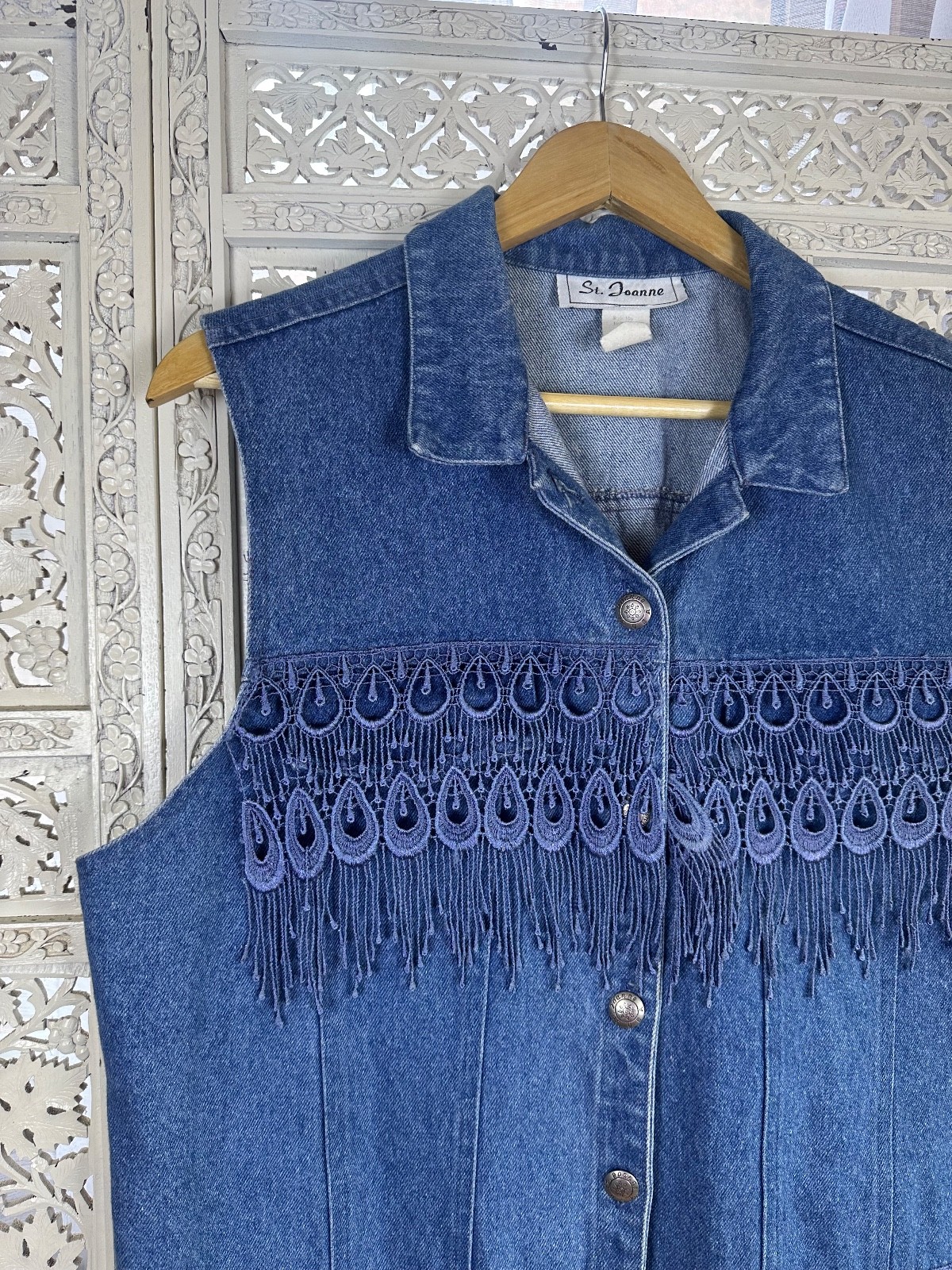 Vtg Denim Lace Fringe Western Boho Button Up Sleeveless Vest Sz XL