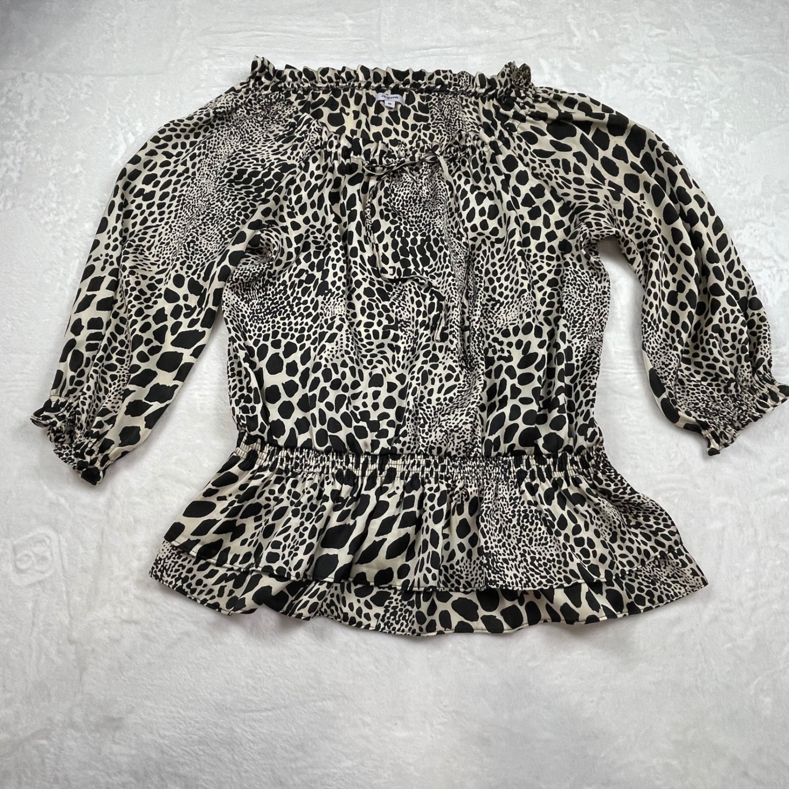 Agora Womens Leopard Print Ruffle Neck Smocked Peplum Blouse Black Cream Medium