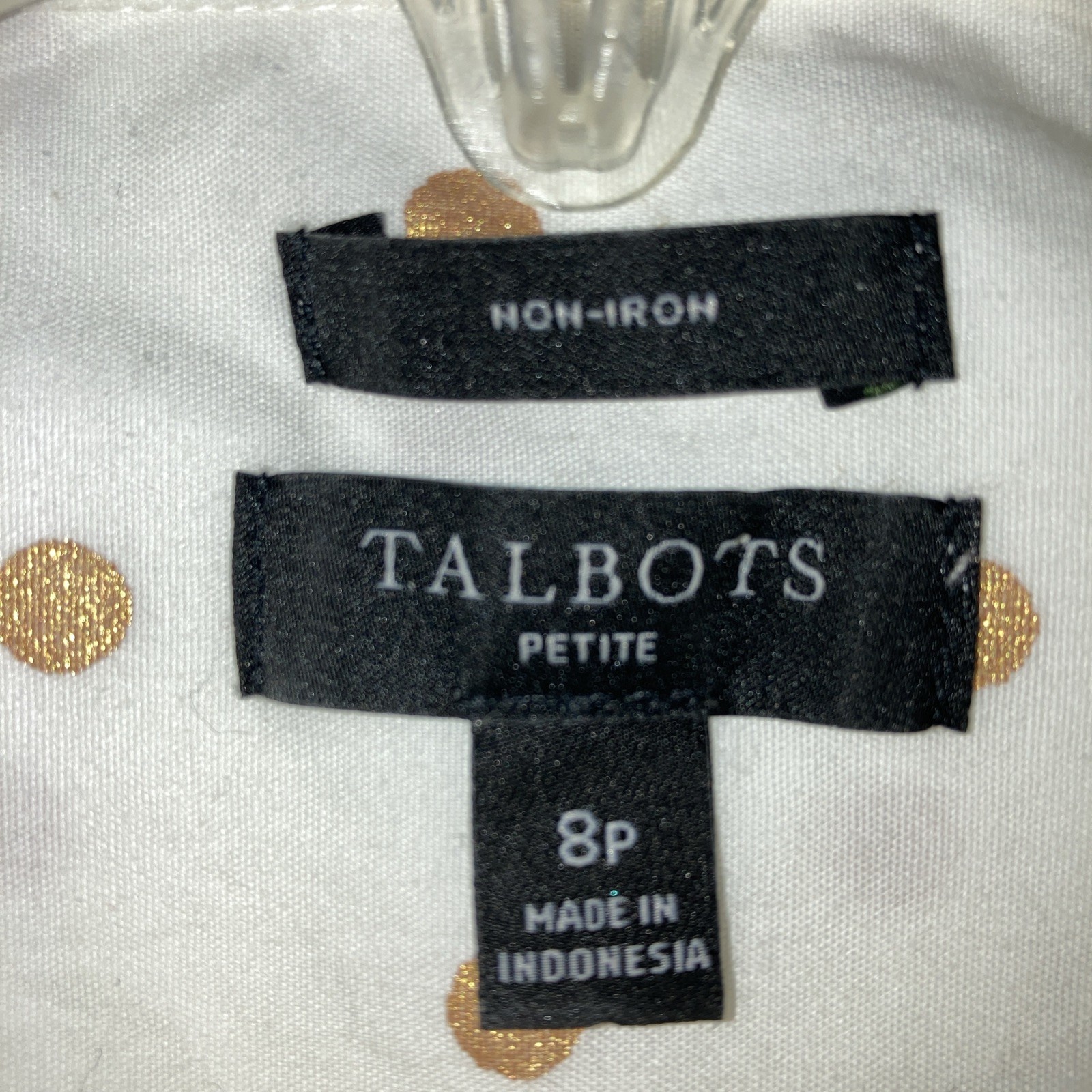 Talbots Women’s Blouse, Button Up W Collar, Size 8P S Polka Dot Pattern, VG