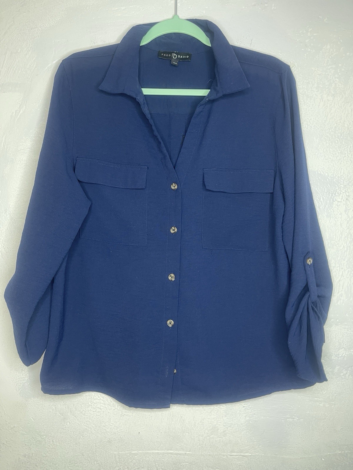 Fred David Women’s Large Navy Button Up Blouse Roll Tab Sleeve Casual Career