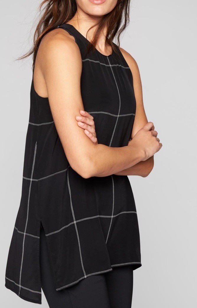 Athleta Black Windowpane Washable Silk CYA Button Tunic Tank Top Small S Plaid