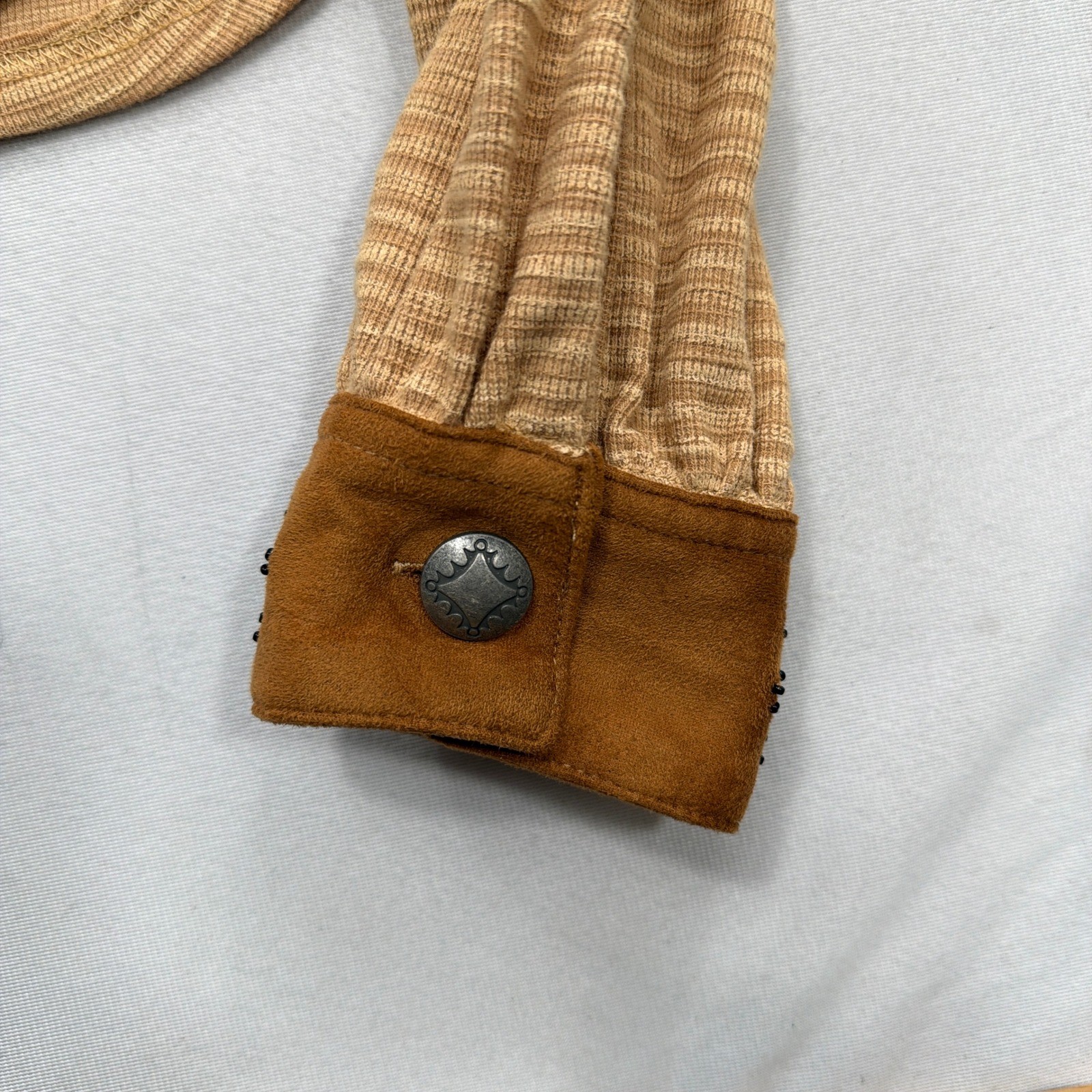 Double D Ranch Top Embroidered Beaded Cuff Stripe Dust Tan Women Size M NWT