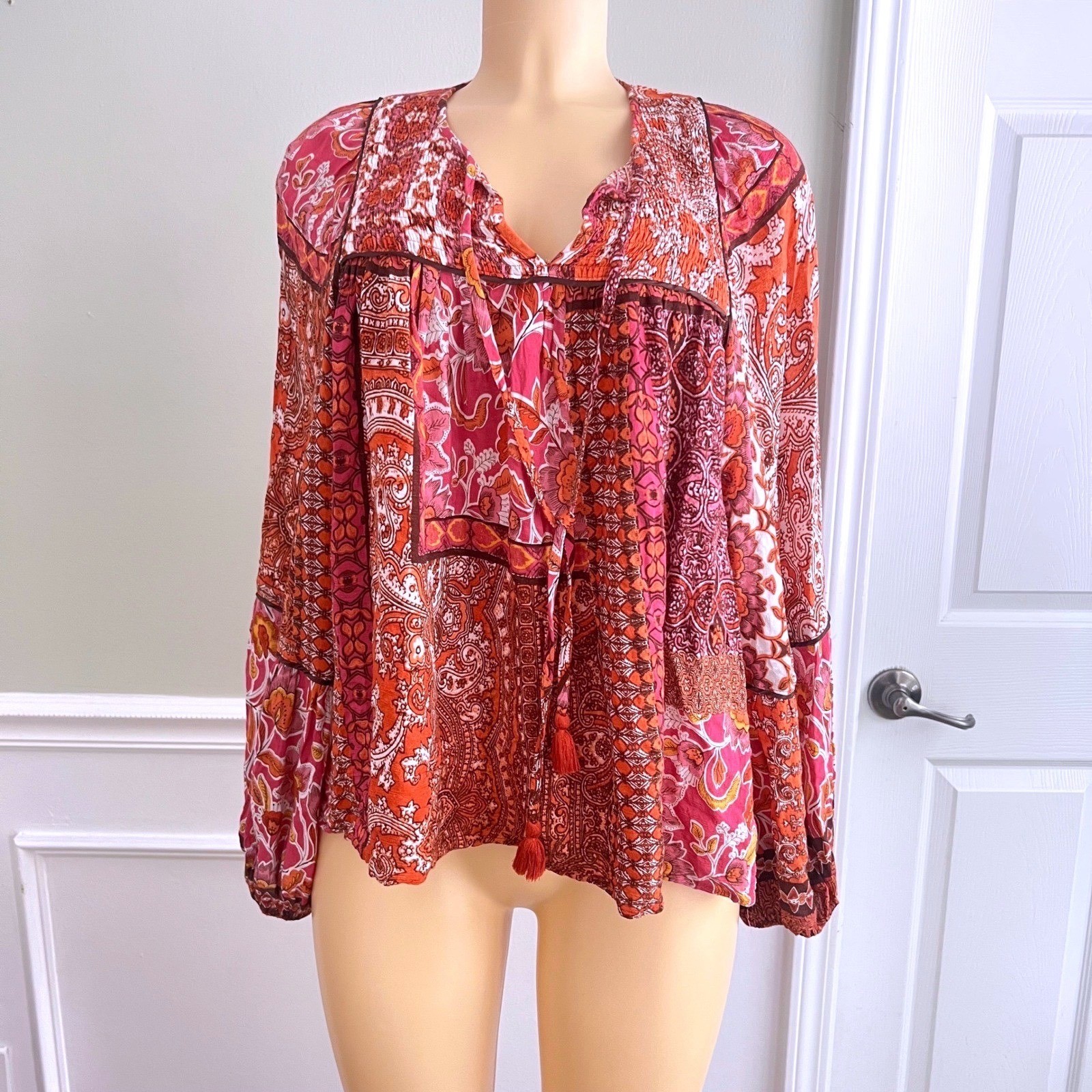 Boho Patchwork Peasant Blouse Womens Sz S Paisley Orange Pink Tassel Cottage