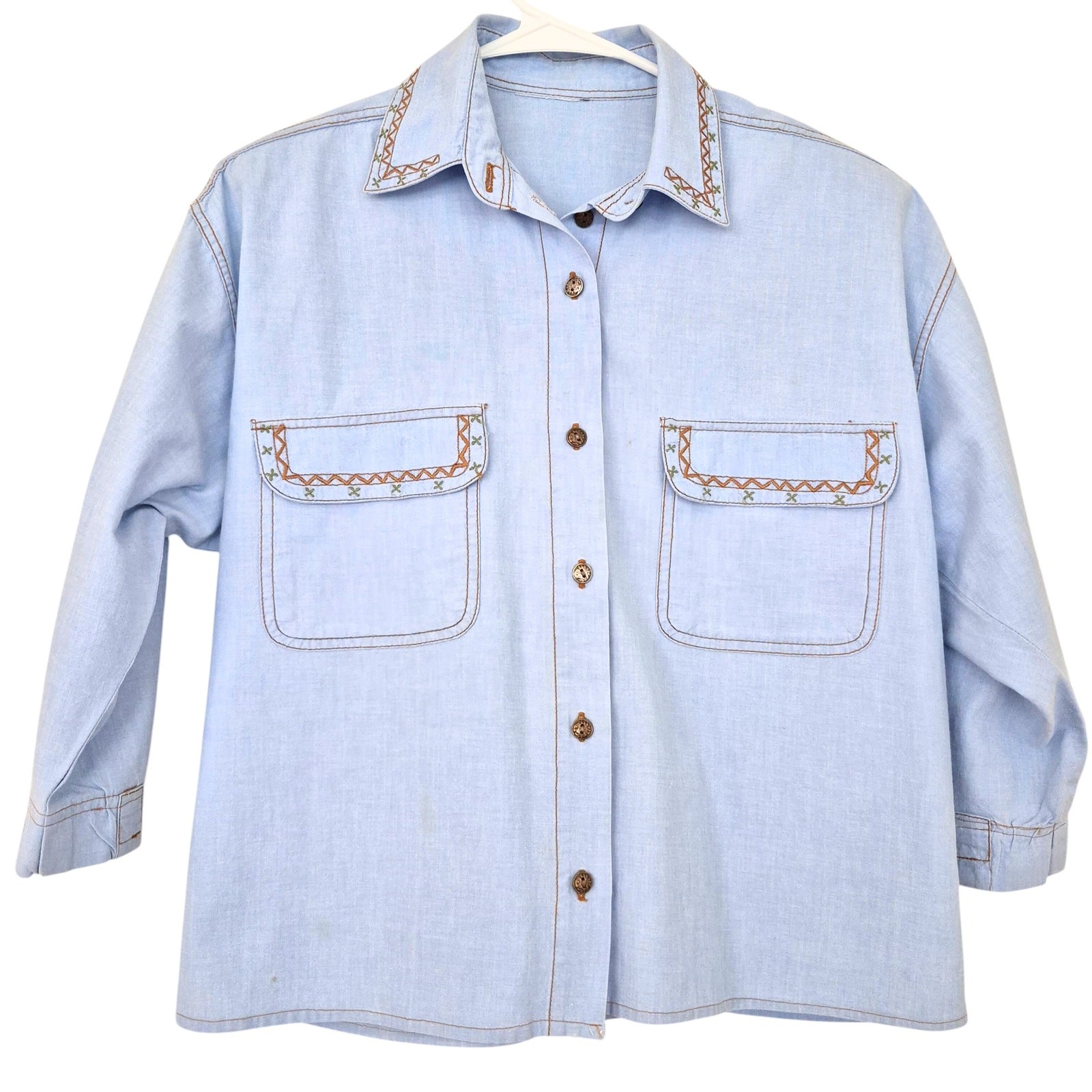 Vintage Chambray Shirt Shacket Embroidered Grandma Shoulder Pads 1980’s Med