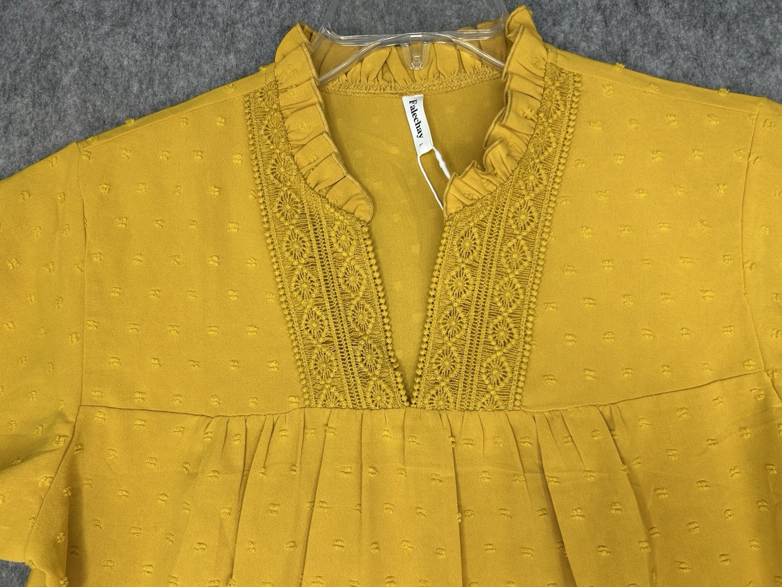 Falechay Women’s Boho Mustard Yellow Ruffle V-Neck Blouse Lace Trim Dots Size L
