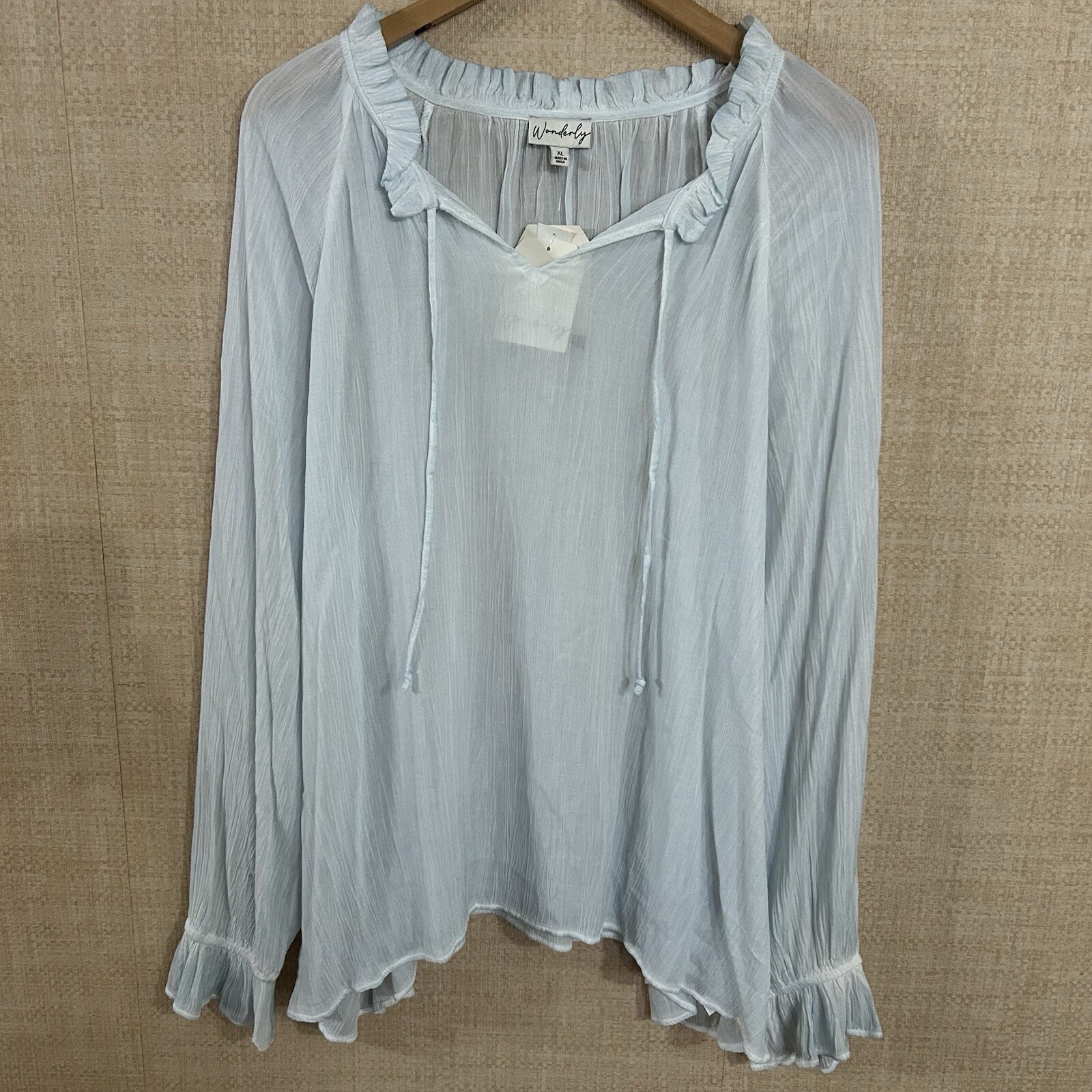 NWT Wonderly Peasant Shirt Women’s XL Caro Blue Sheer Blouse