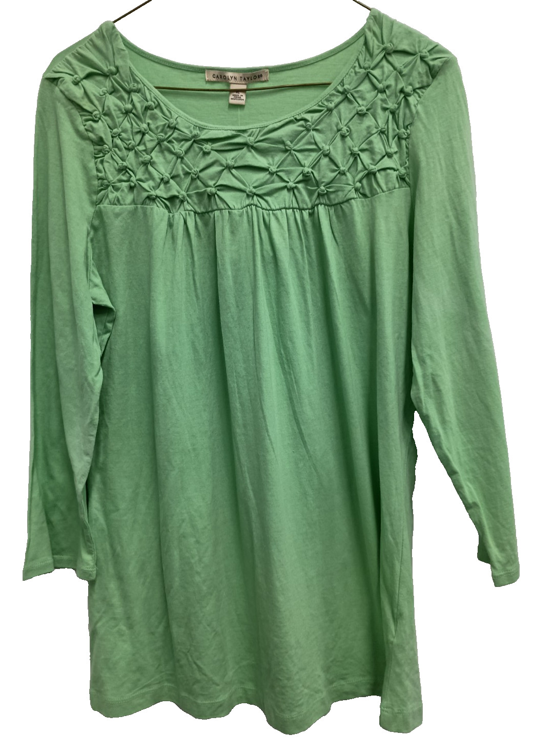 Carolyn Taylor Womens Top XL Melonball Green 3/4 Sleeve Smocked Casual BOHO