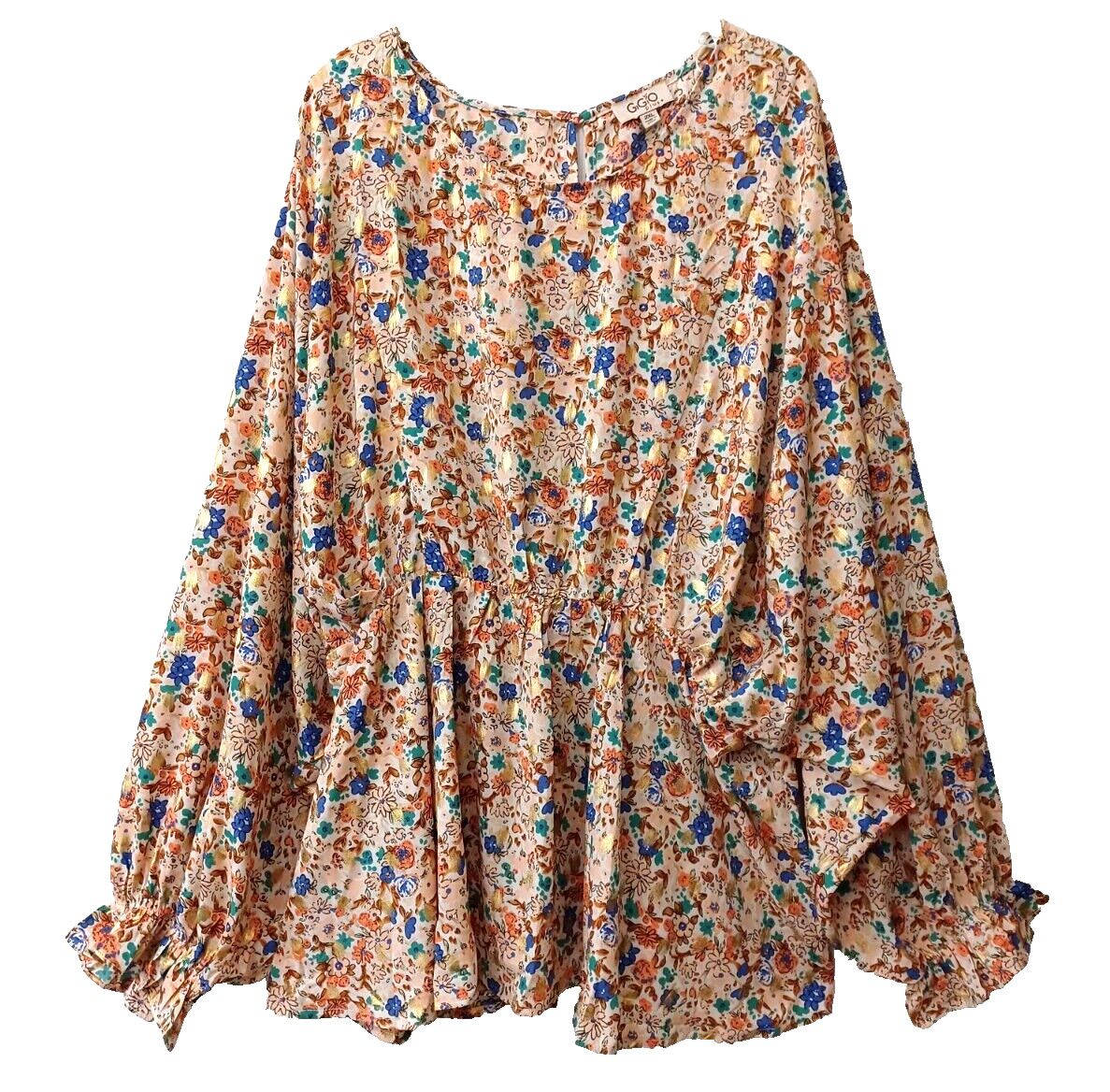 💙 GIGIO PLUS FLORAL GOLD FOIL ACCENTS PEASANT BLOUSE WOMEN’S SIZE 2XL 💙