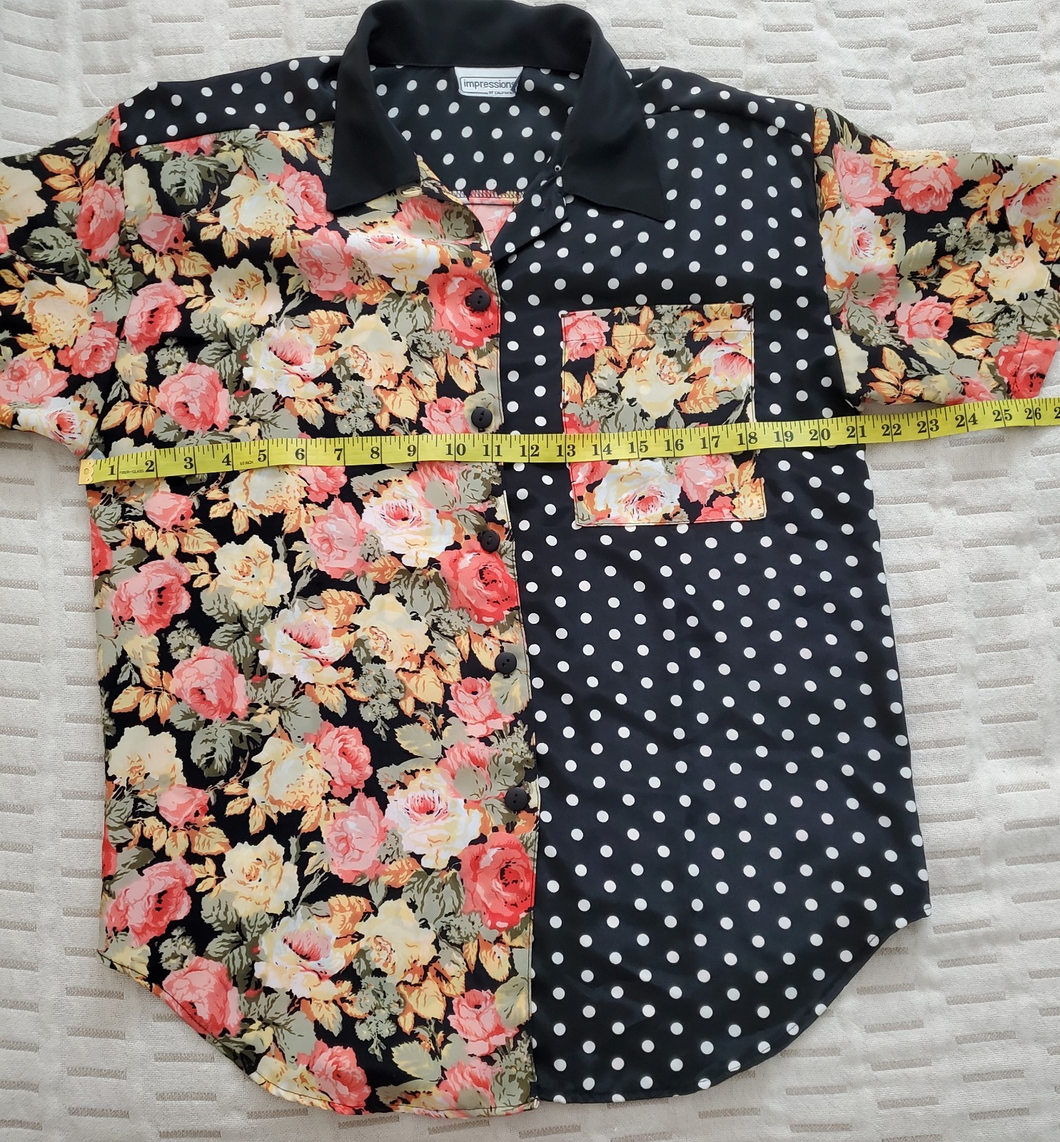 Vintage 80s 90s Impressions of California Patchwork Floral Polka Dot Blouse