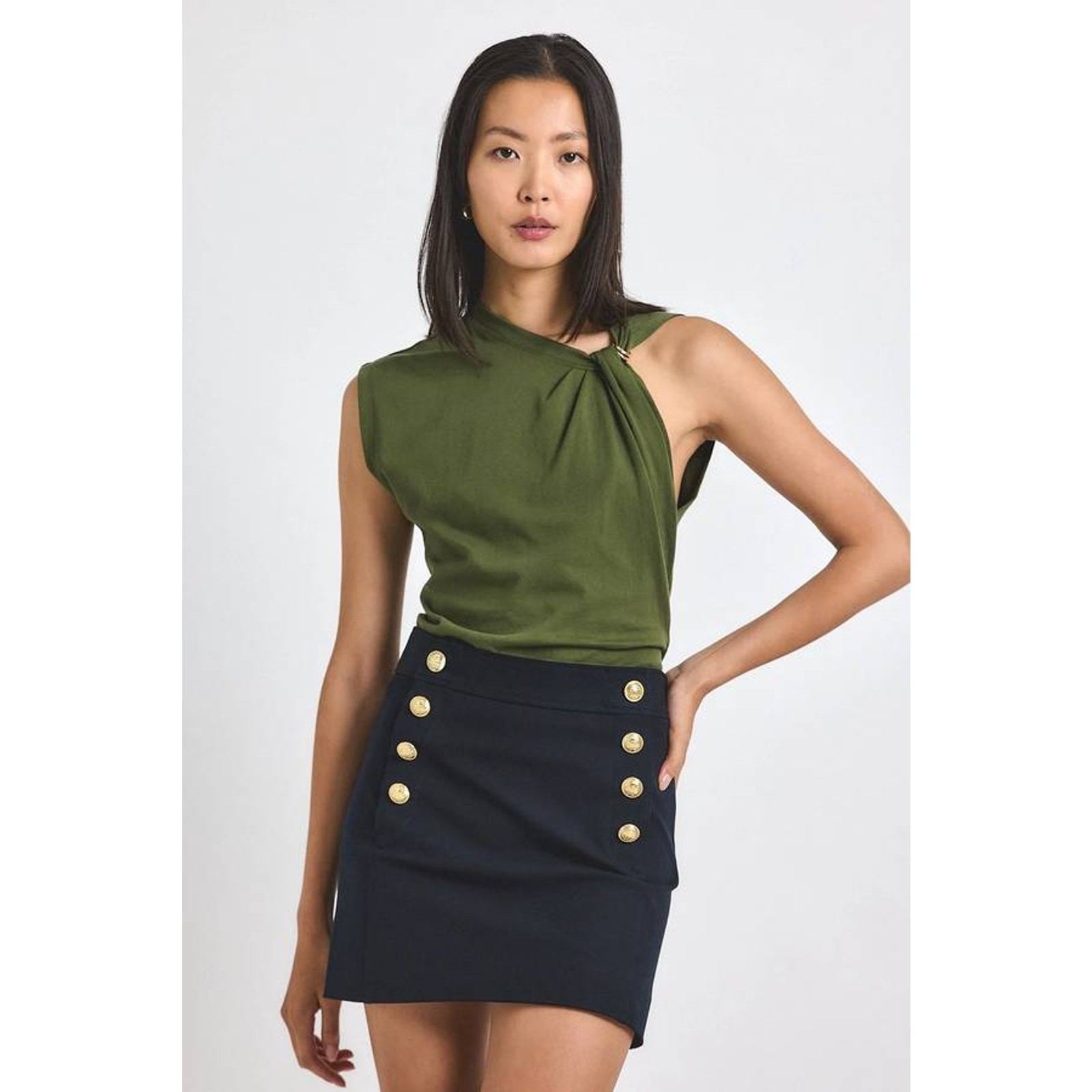 Derek Lam 10 Crosby Nia Asymmetric Embellished Twist Tee in Fatigue M