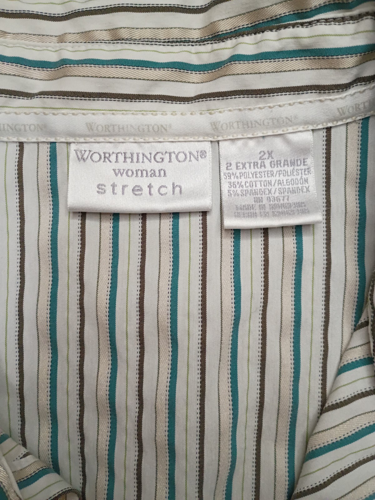 Worthington Stretch 2XL Blue/Champagne Stripe Button Up Blouse, Button Sleeves