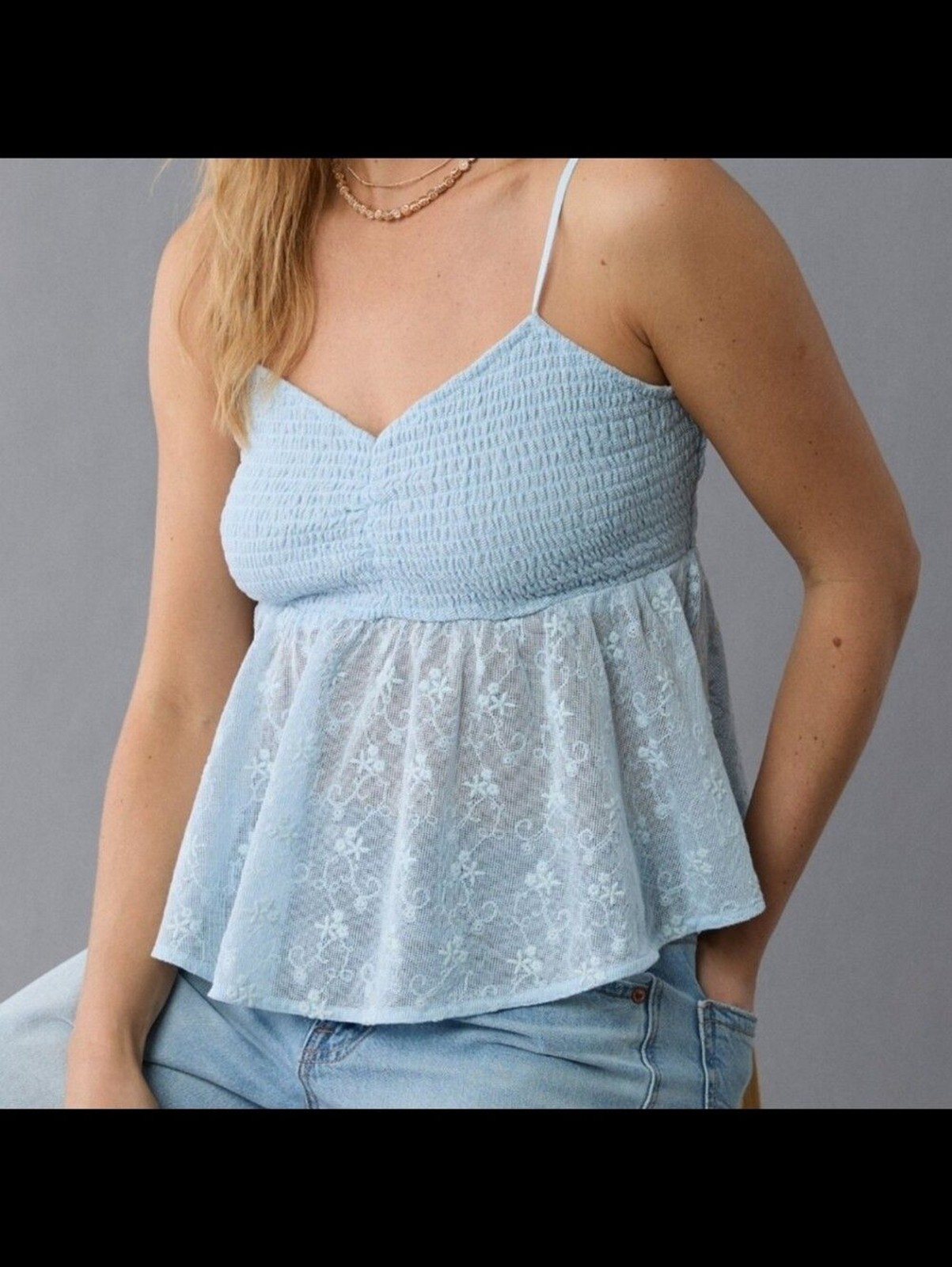 American Eagle Outfitters Light Blue Lace Smocked Cami