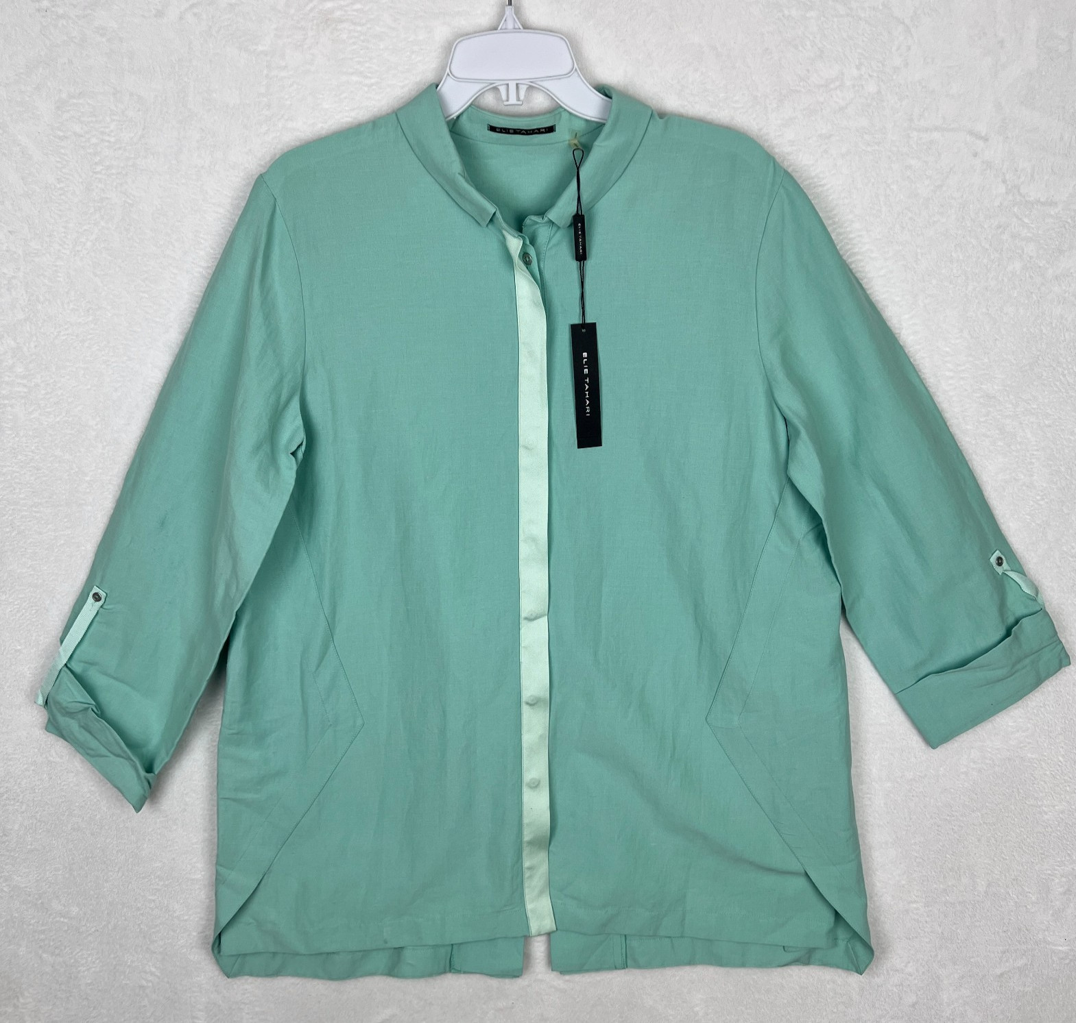 Elie Tahari Carly Blouse Womens Large New Linen Green Roll Sleeve Button Up Top