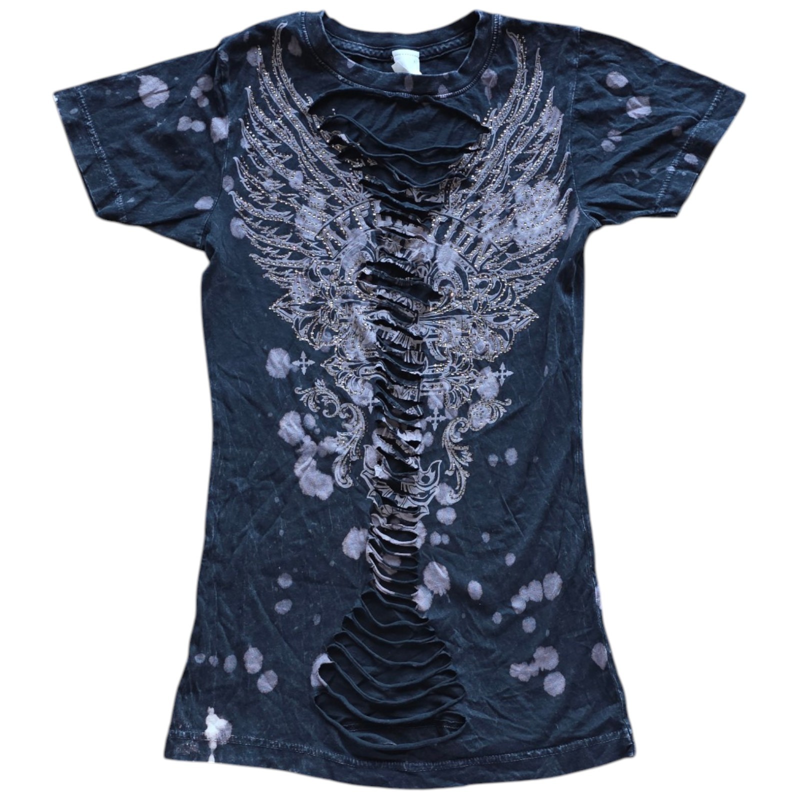 New Women’s Affliction Enlightenment Fleck Wash Black T-Shirt Top S-XXL