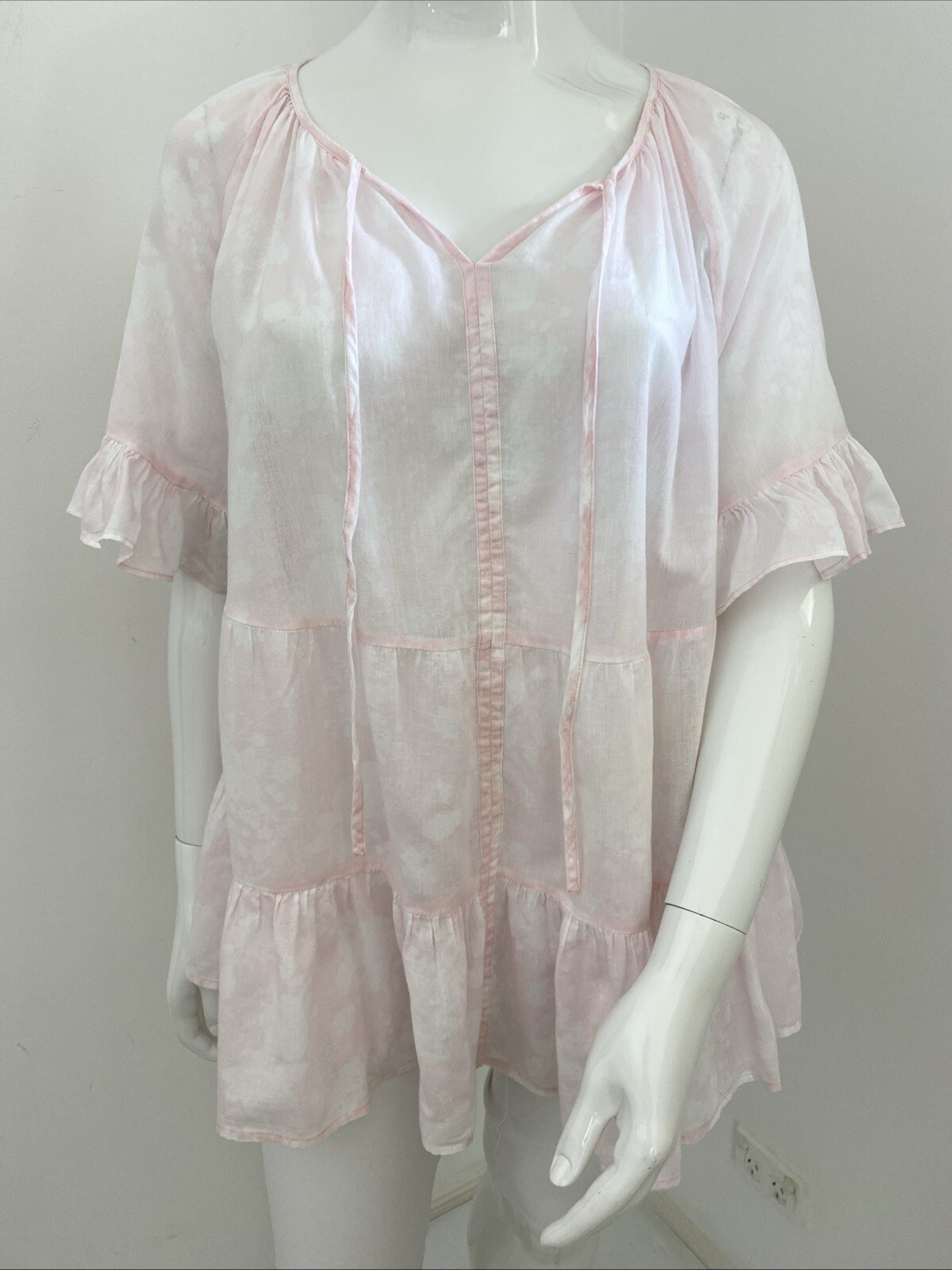 Taking Shape Virtuelle Plus 20 Palest Pink / White Floral Pure Cotton Ruffle Top