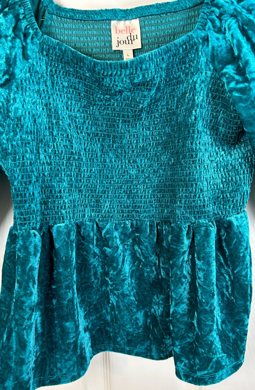 Belle Du Jour Crushed Velvet Sq Neck Smock Blouse Sz L Boho Peasant Luxe Teal