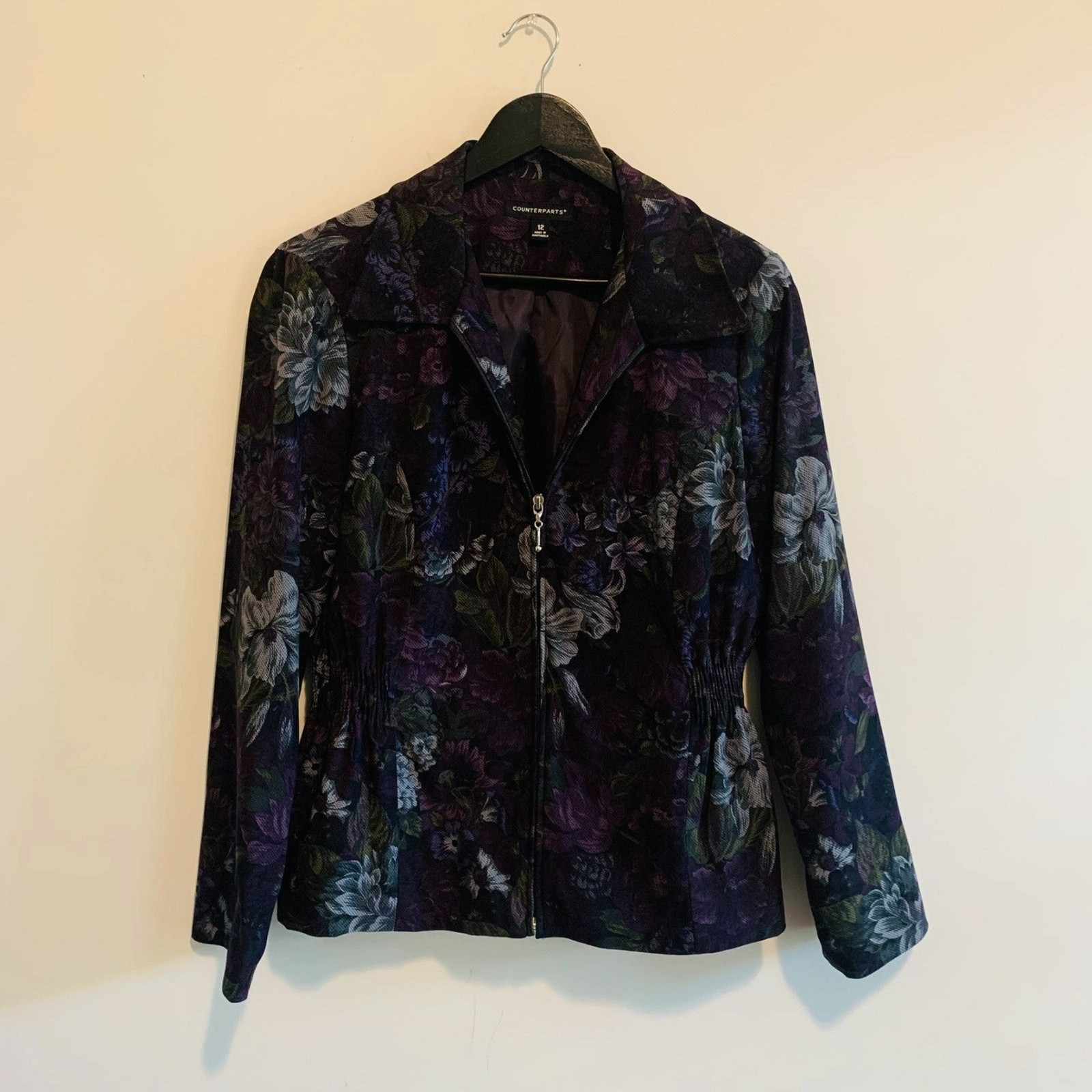 Counterparts Womens Floral Print Blazer Jacket Zip Front Size 12