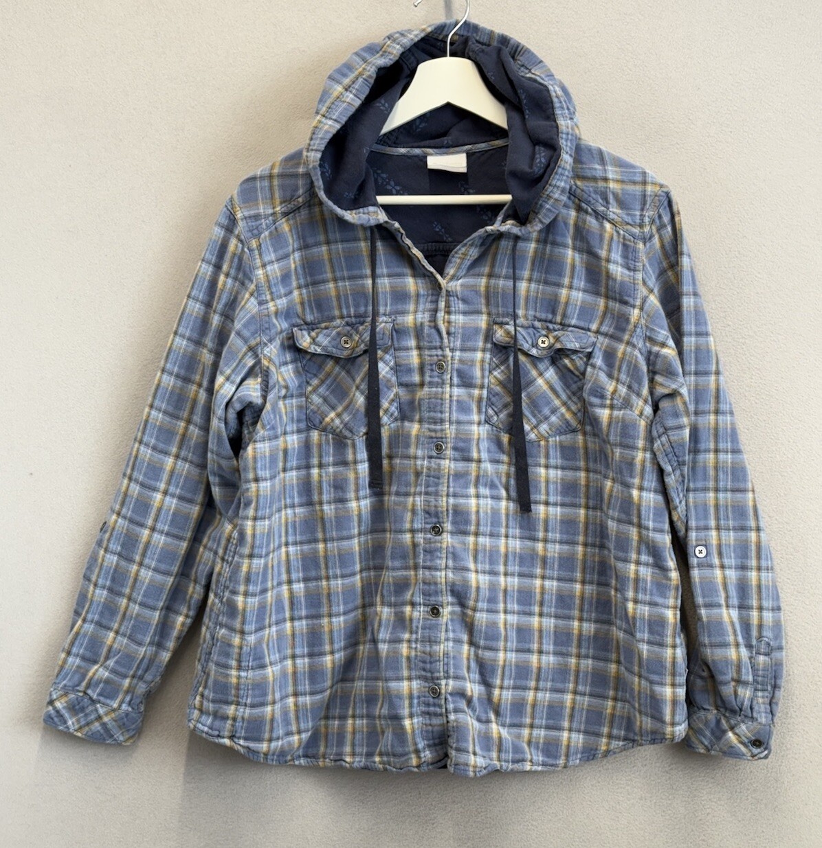 Columbia Women’s Plus Sz 1X Blue Plaid Button Up Flap Pockets Hooded Shacket