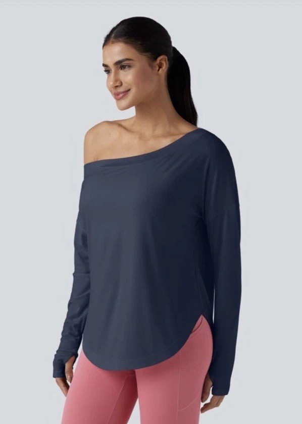 One Shoulder Long Sleeve Thumb Hole Curved Hem High Low Quick Dry Yoga Sz L