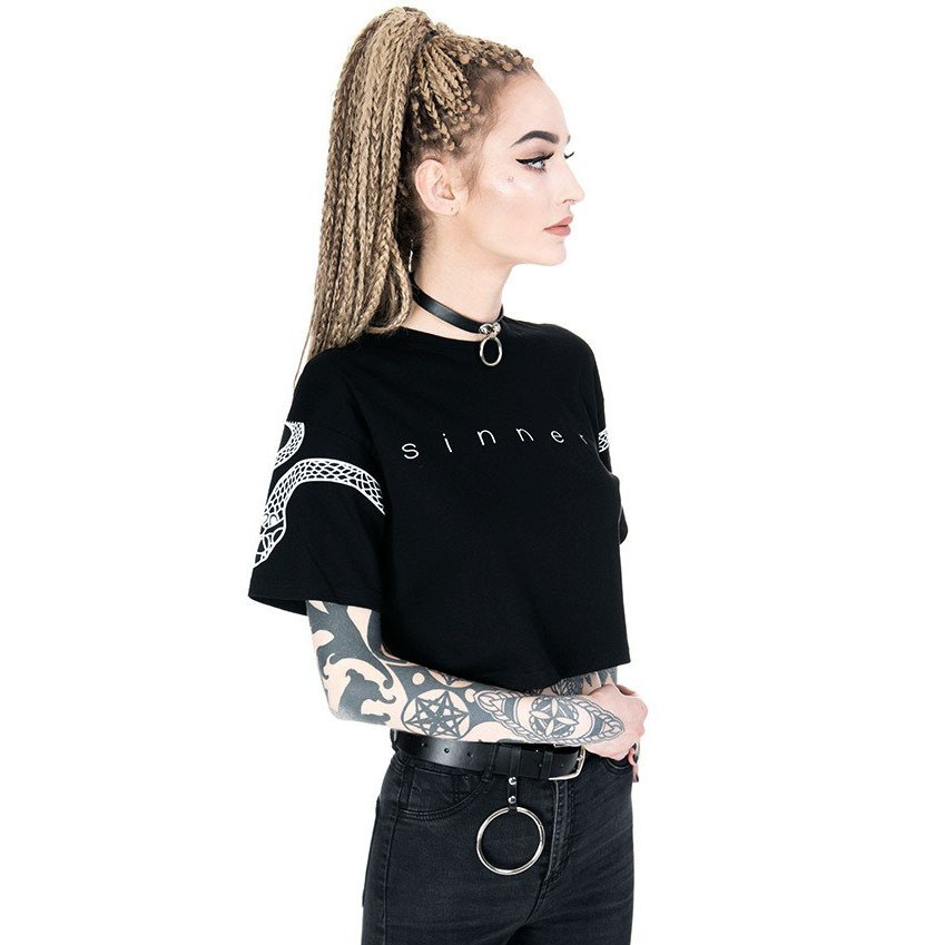 Gothic Goth Horror Punk Restyle 80 90s Sinner Snake Black Crop Top Girly T Shirt
