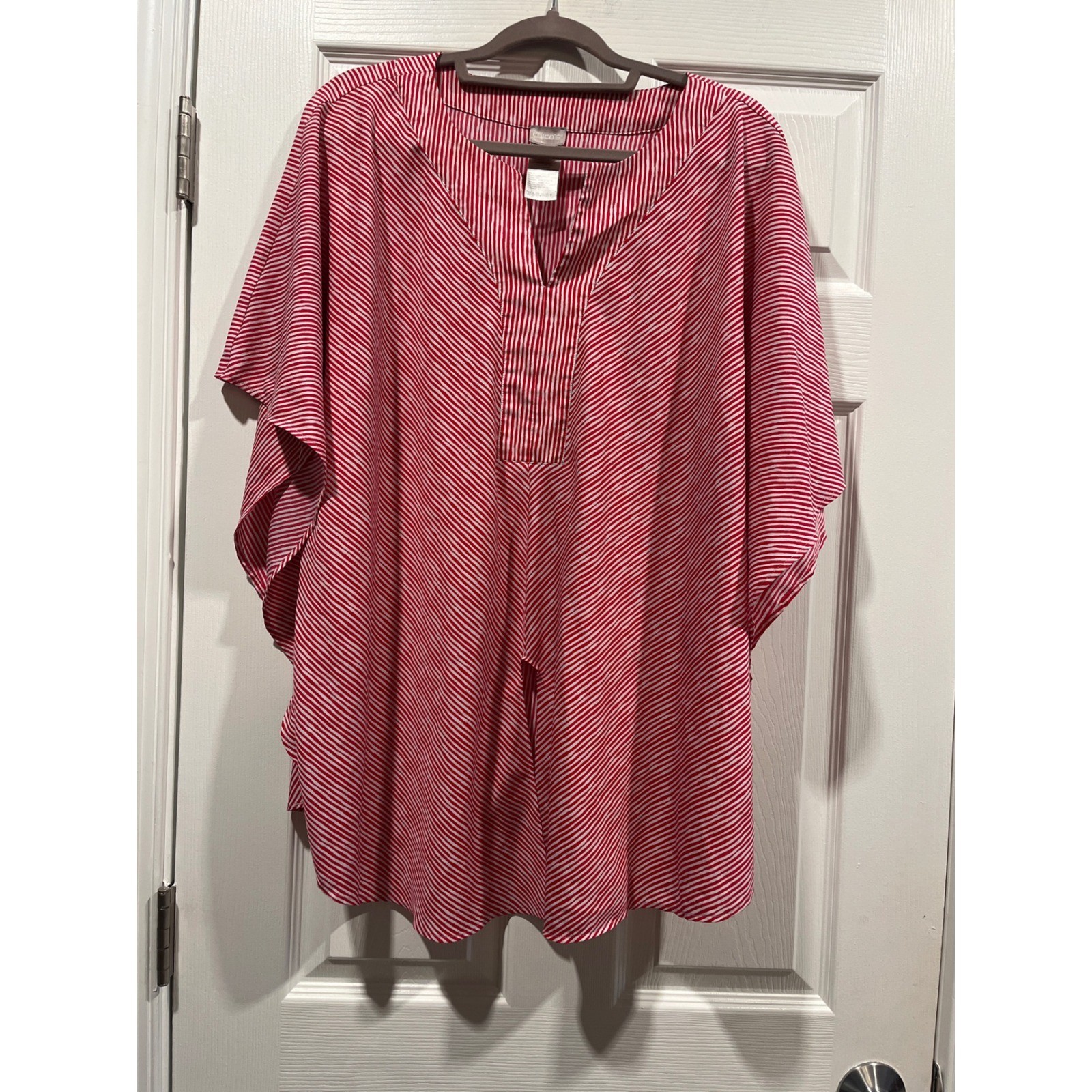 Chicos Red White Striped Kaftan Tunic V-Neck Flutter Sleeve Blouse Size 4 2XL