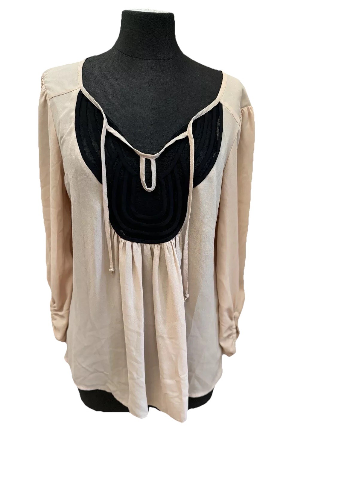 Black Rainn M blush colored blouse with sheer black neckline and tie front, EUC